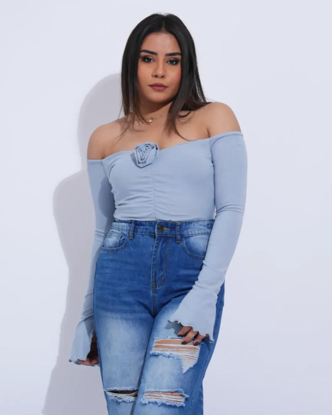 Ruched Rose Detail Off Shoulder Top