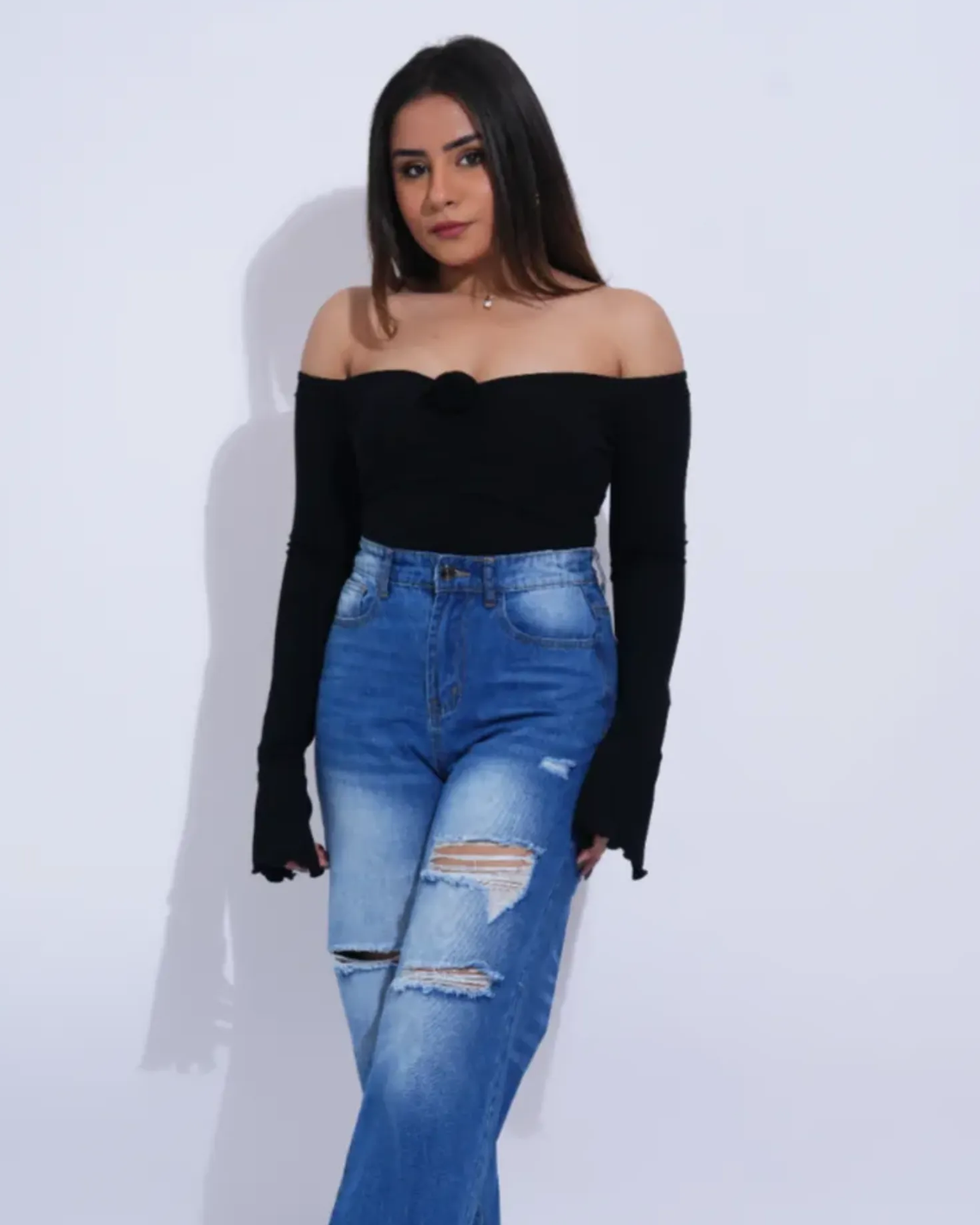 Ruched Rose Detail Off Shoulder Top