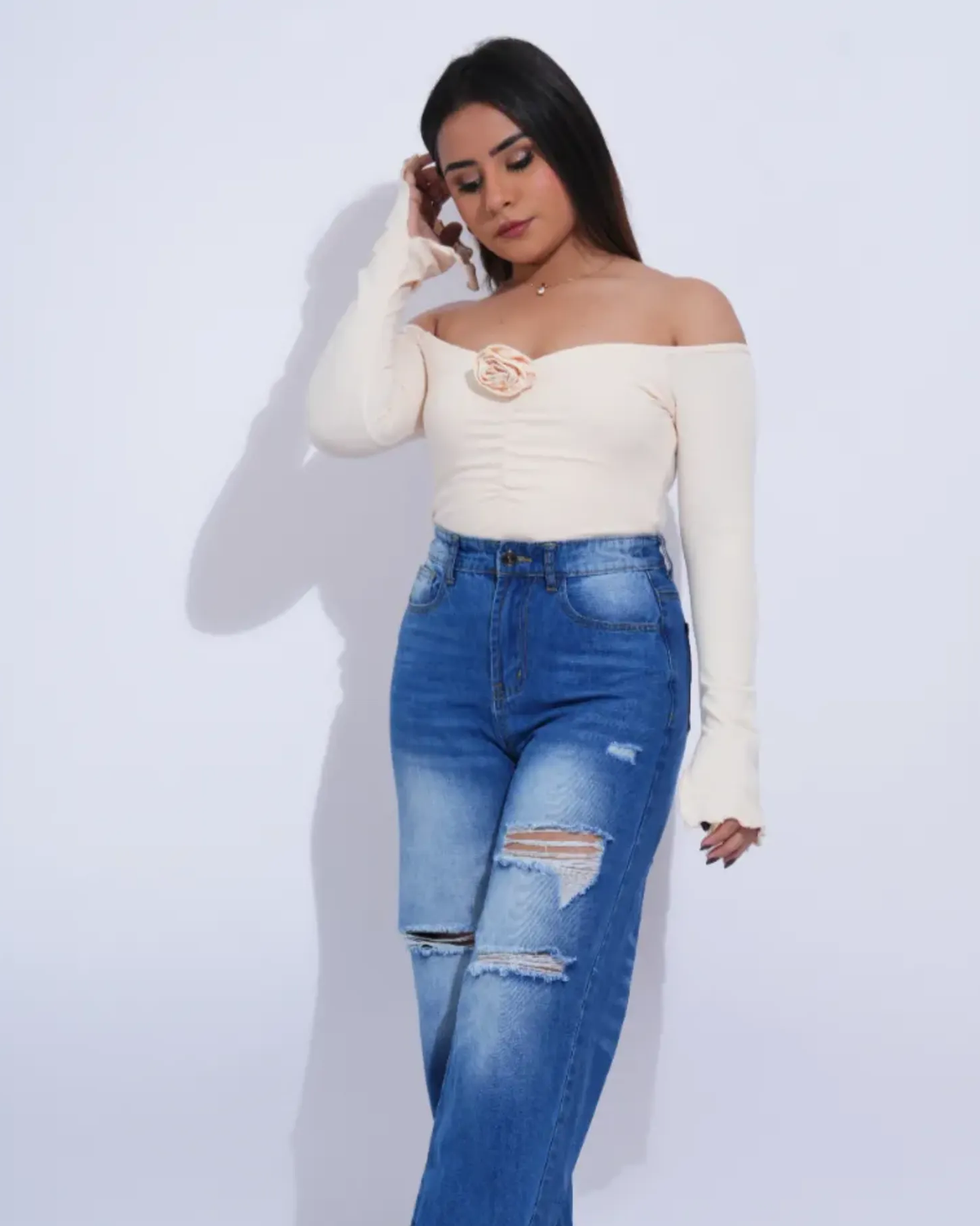 Ruched Rose Detail Off Shoulder Top