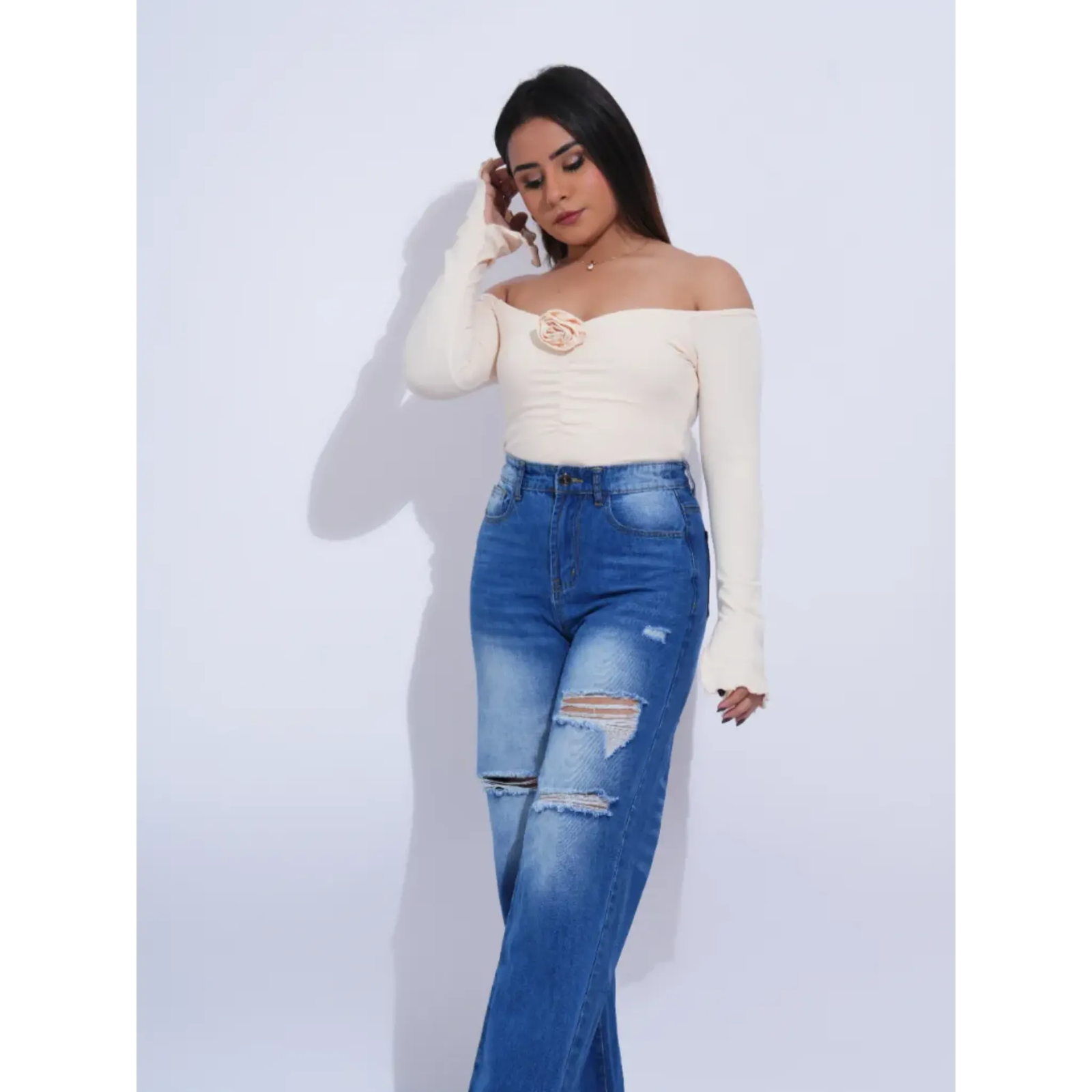 Ruched Rose Detail Off Shoulder Top