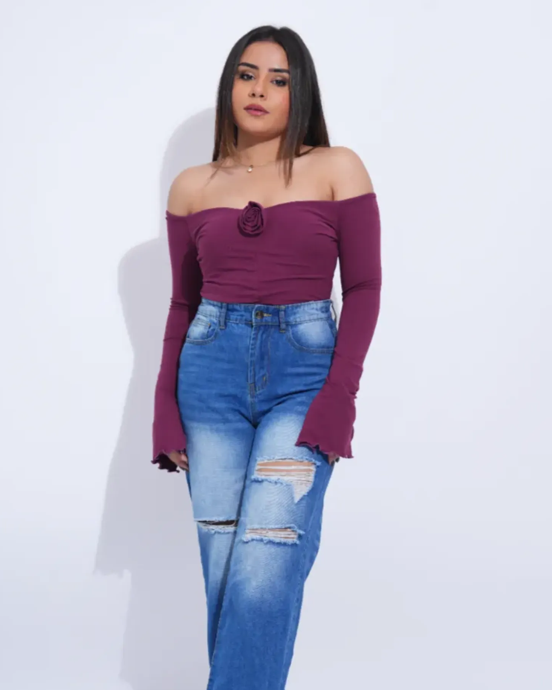 Ruched Rose Detail Off Shoulder Top