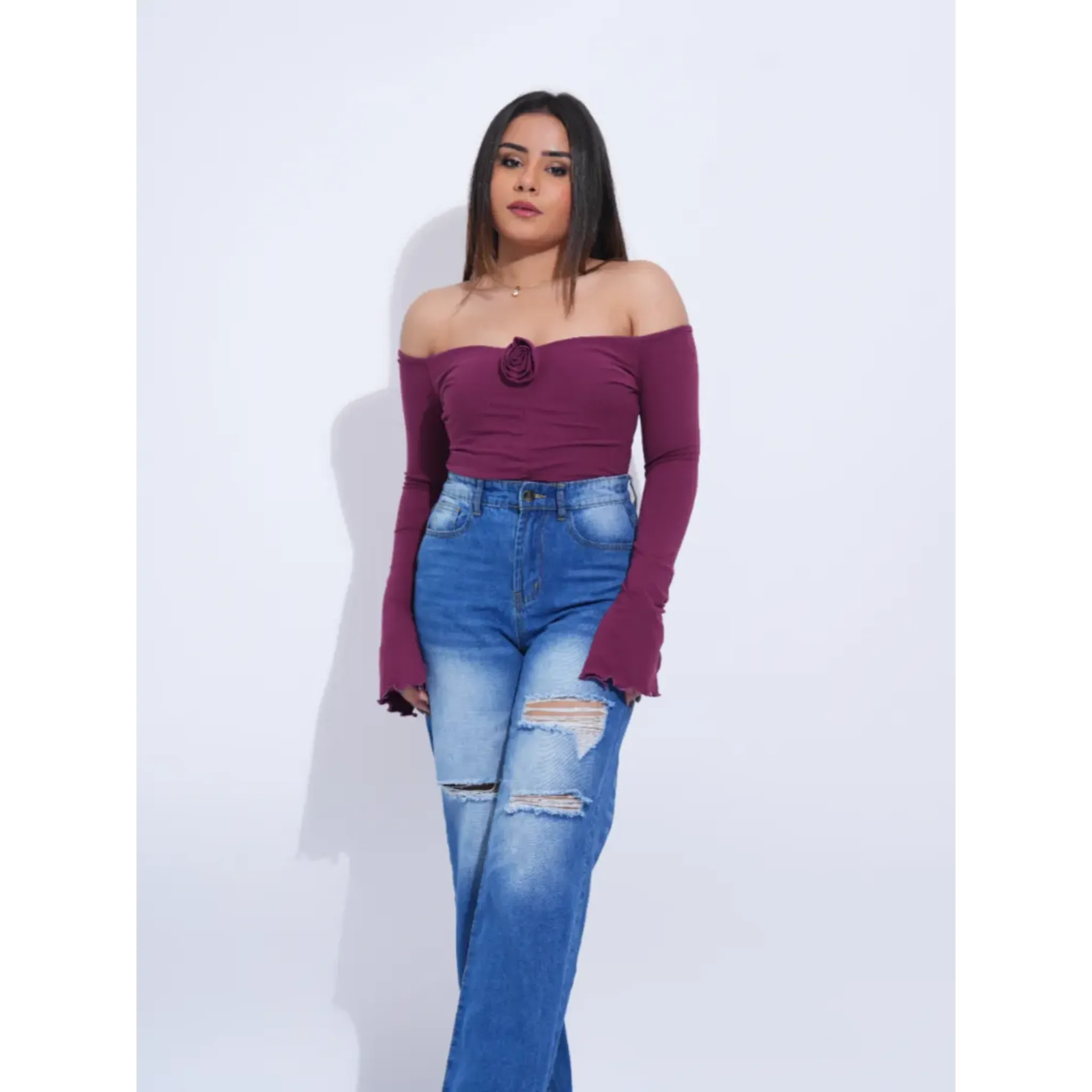 Ruched Rose Detail Off Shoulder Top