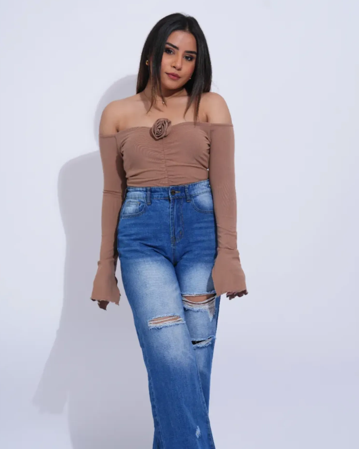 Ruched Rose Detail Off Shoulder Top