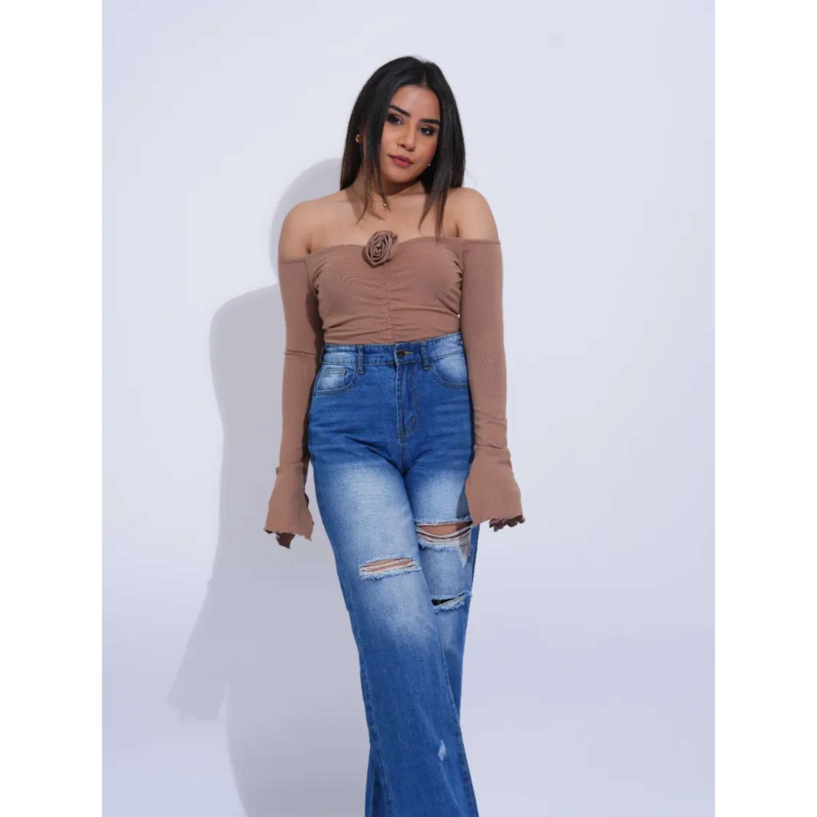 Ruched Rose Detail Off Shoulder Top