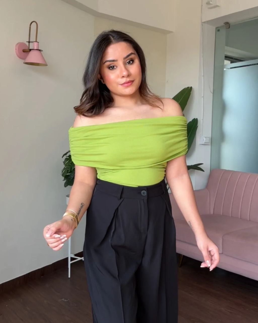 Ruched Solid Offshoulder Top