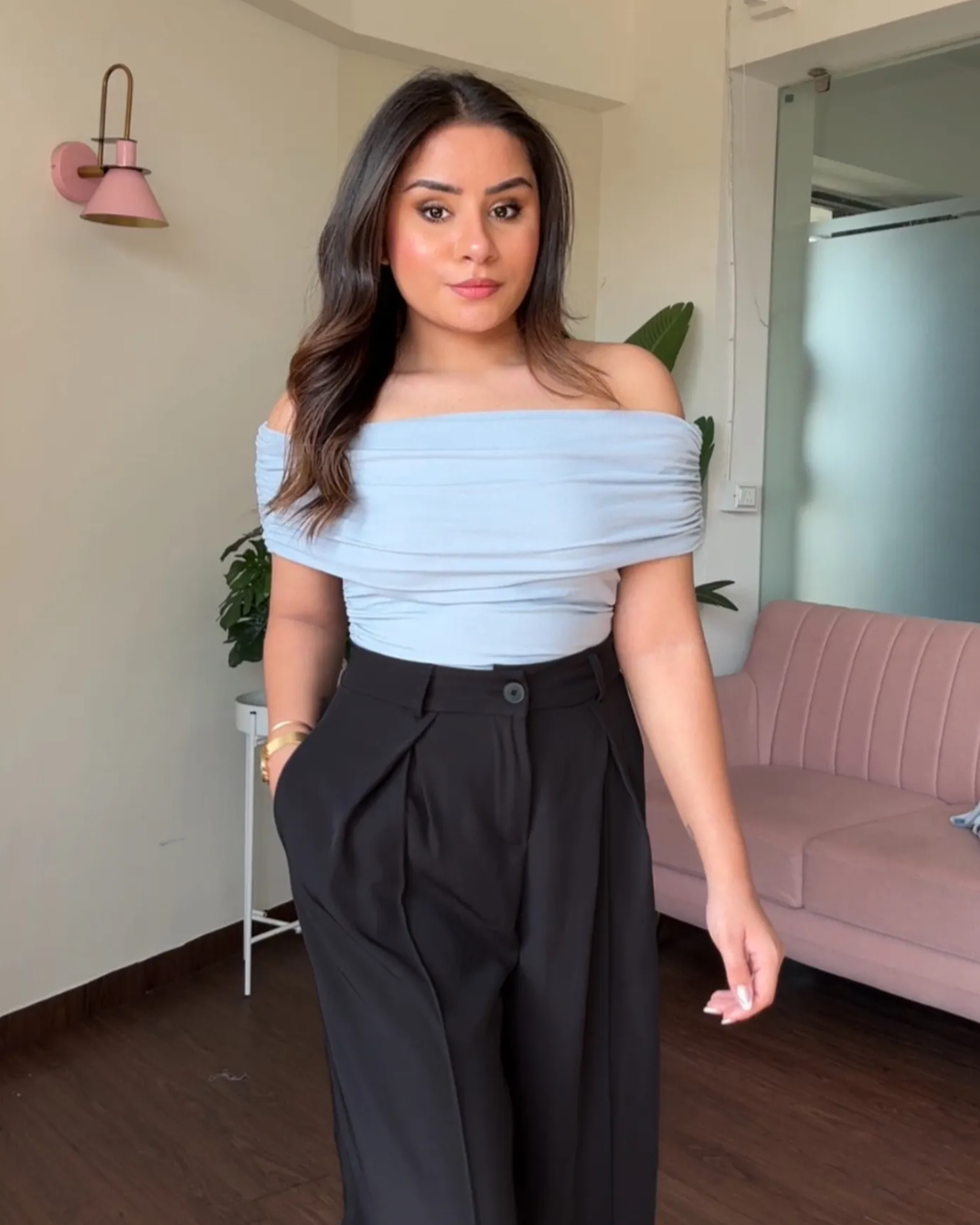 Ruched Solid Offshoulder Top