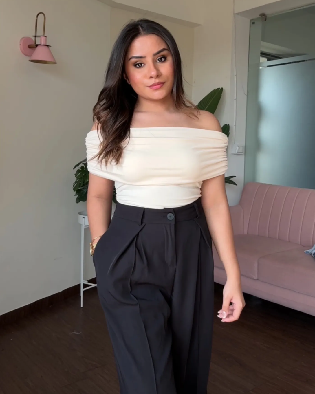 Ruched Solid Offshoulder Top