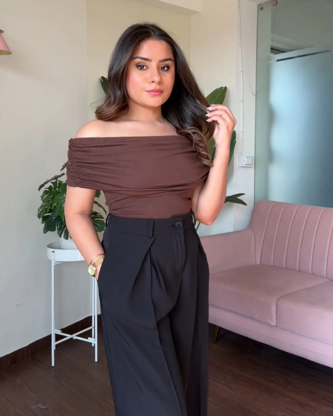 Ruched Solid Offshoulder Top