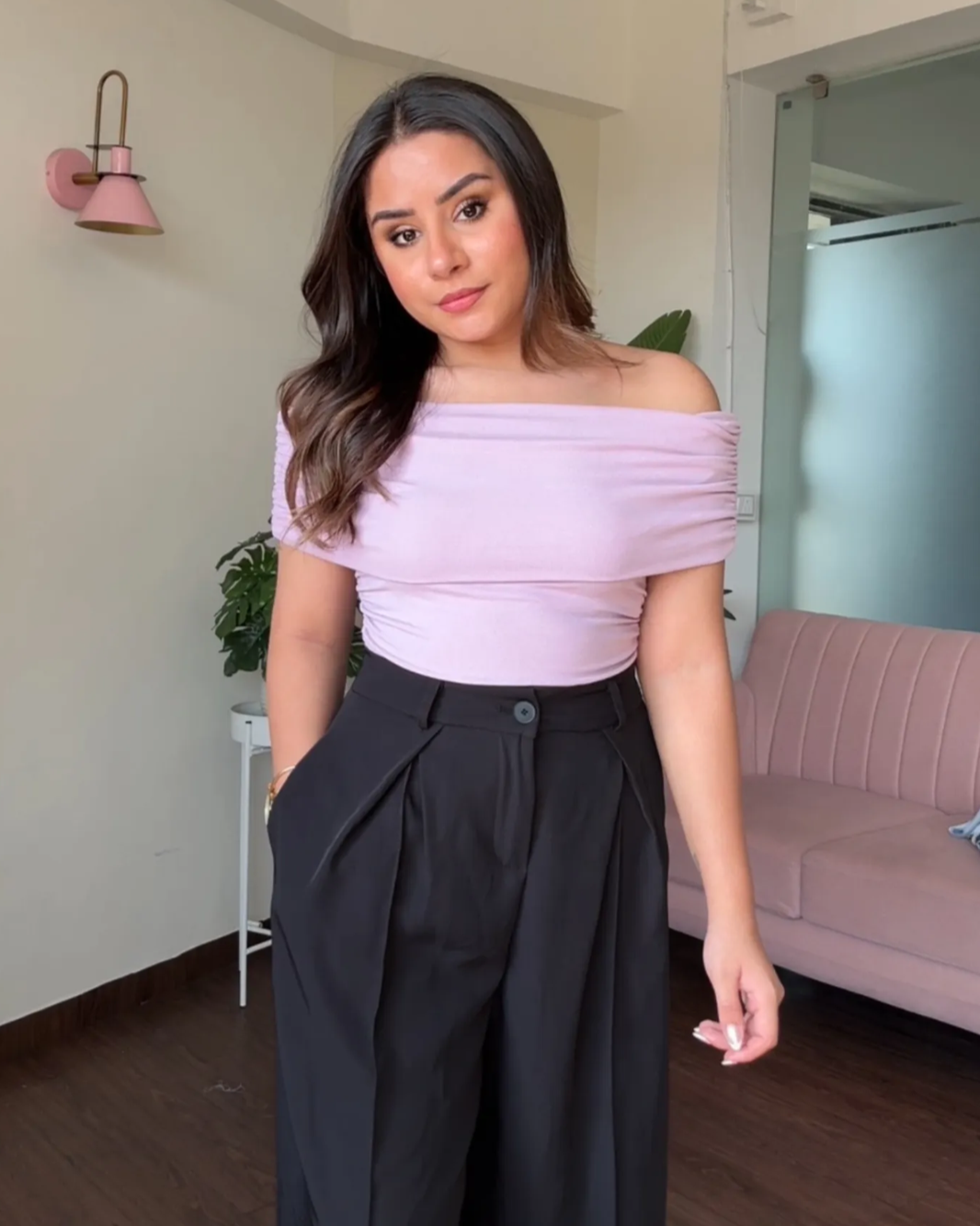 Ruched Solid Offshoulder Top
