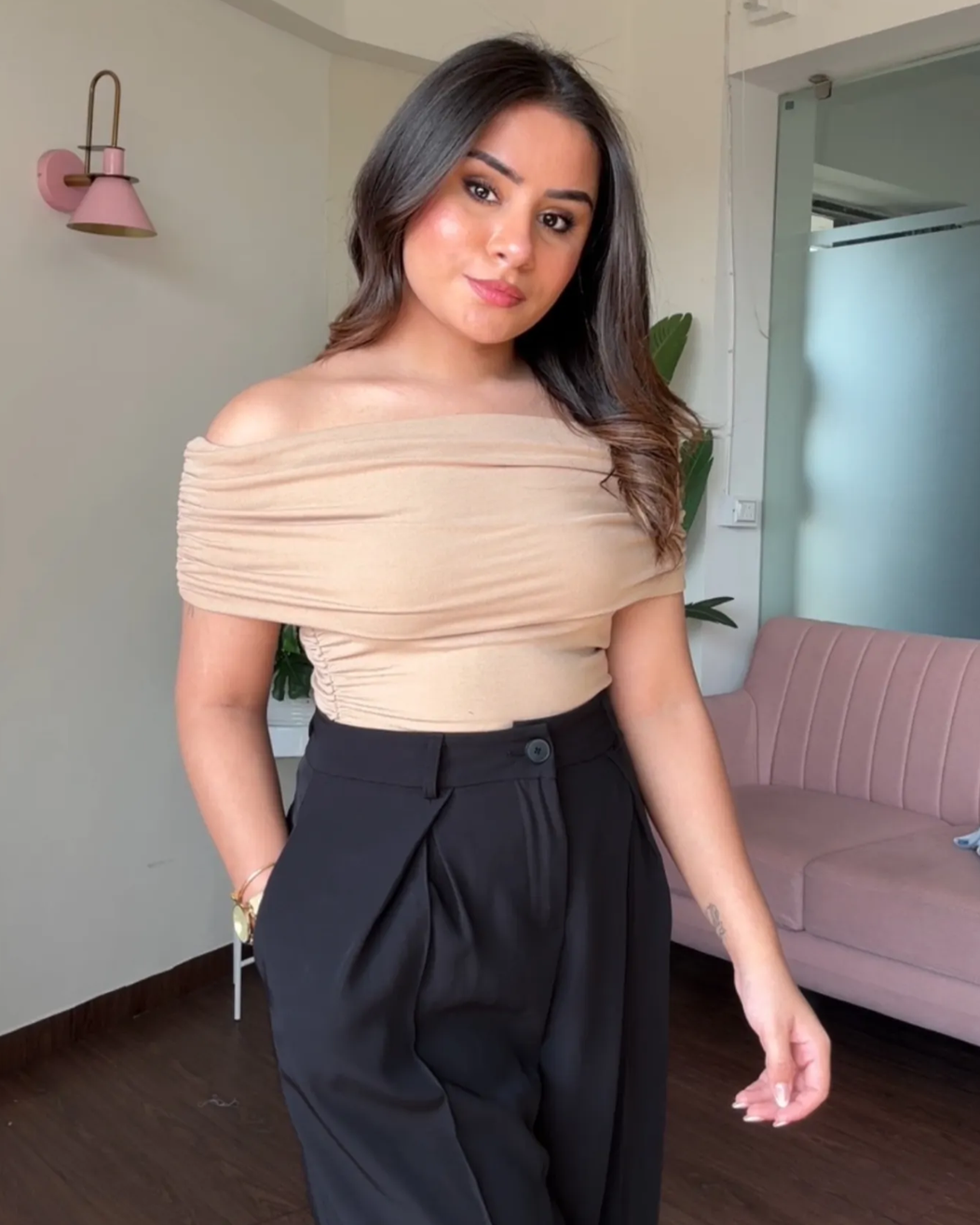 Ruched Solid Offshoulder Top