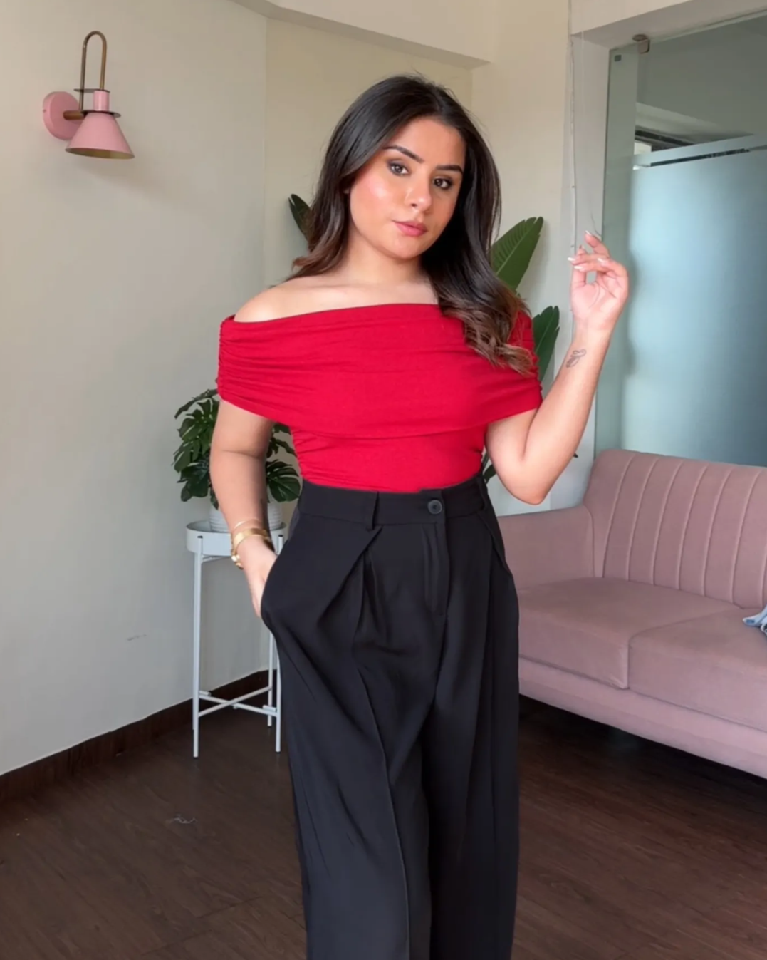 Ruched Solid Offshoulder Top