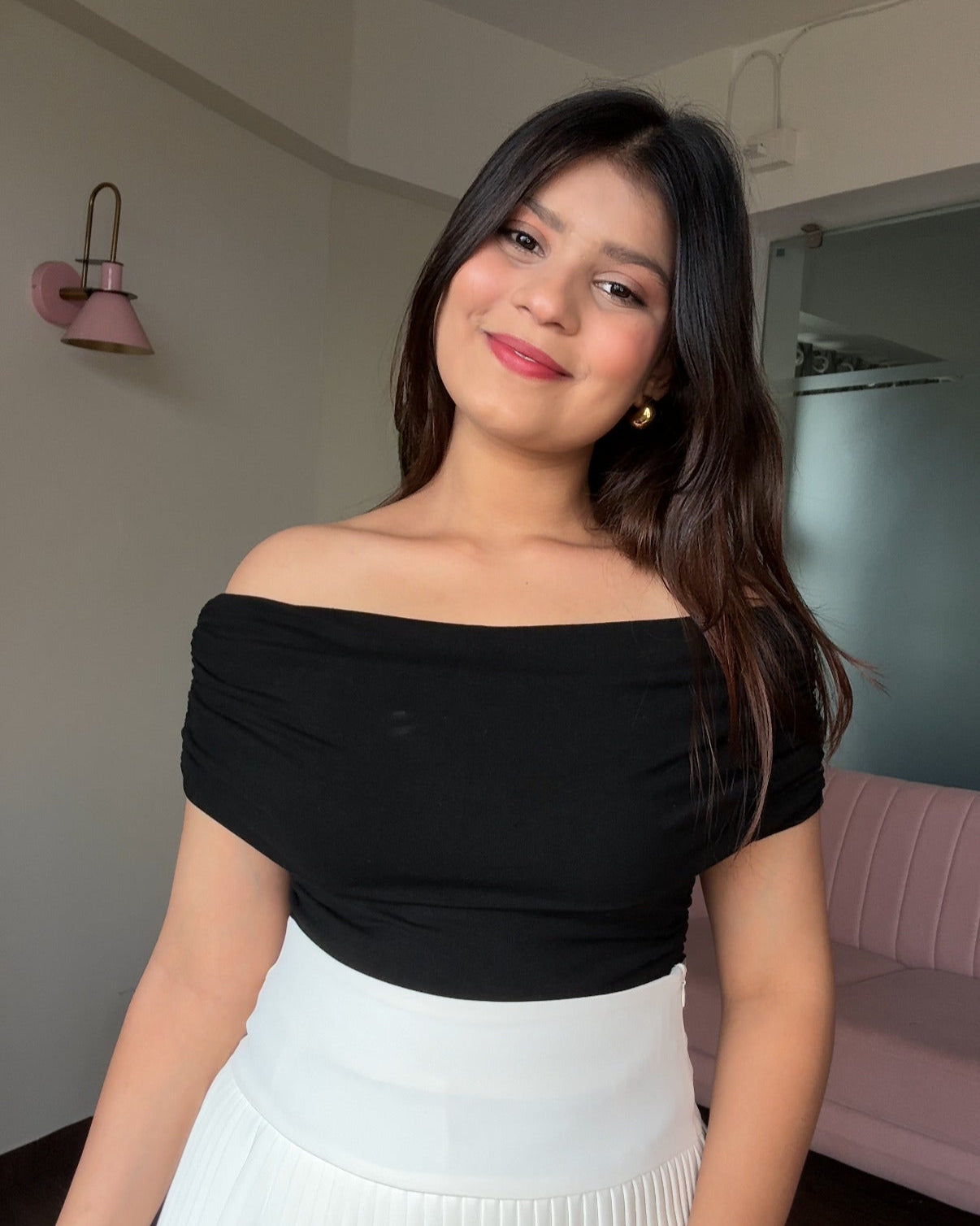 Ruched Solid Offshoulder Top