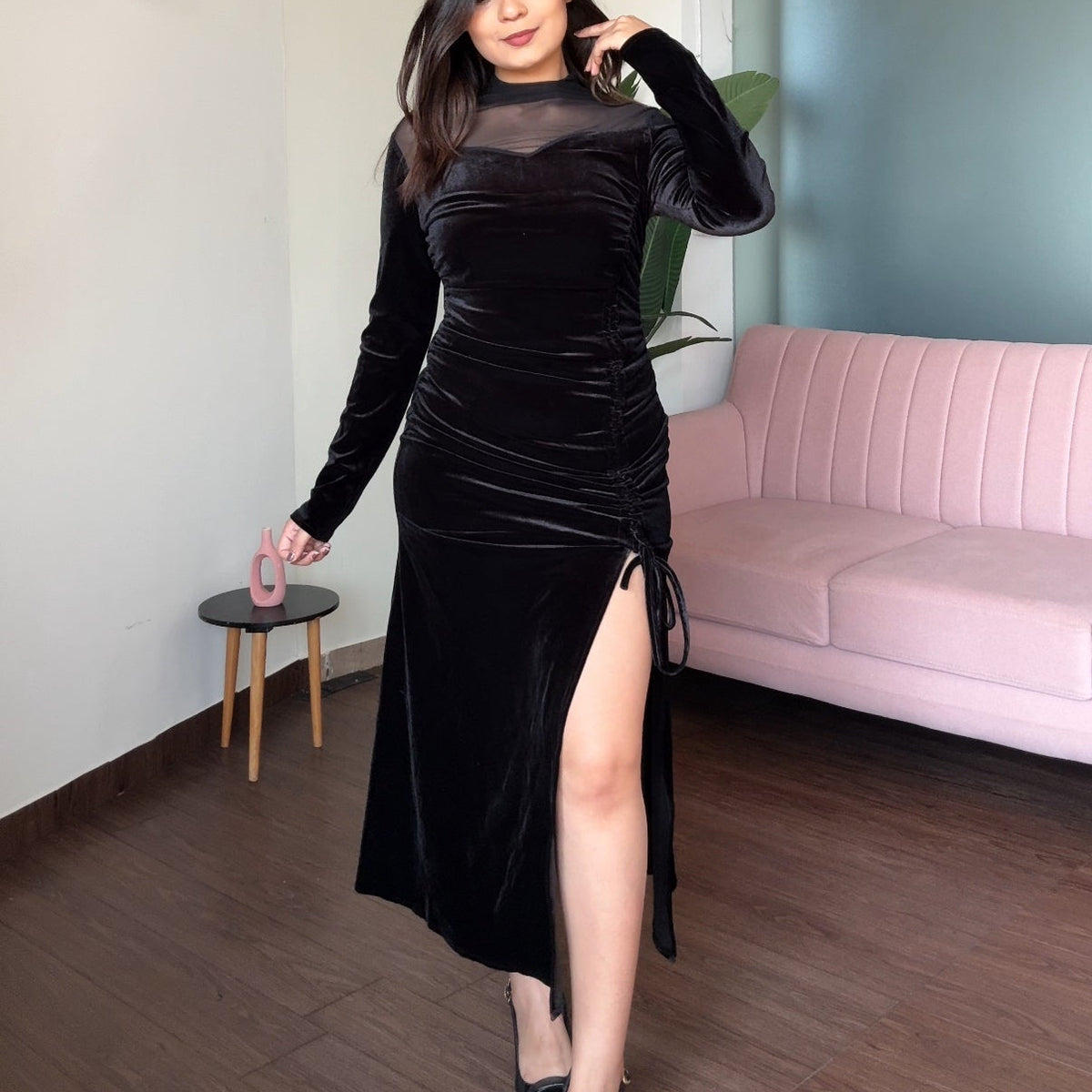 Ruched Velvet Mesh Detailing Dress