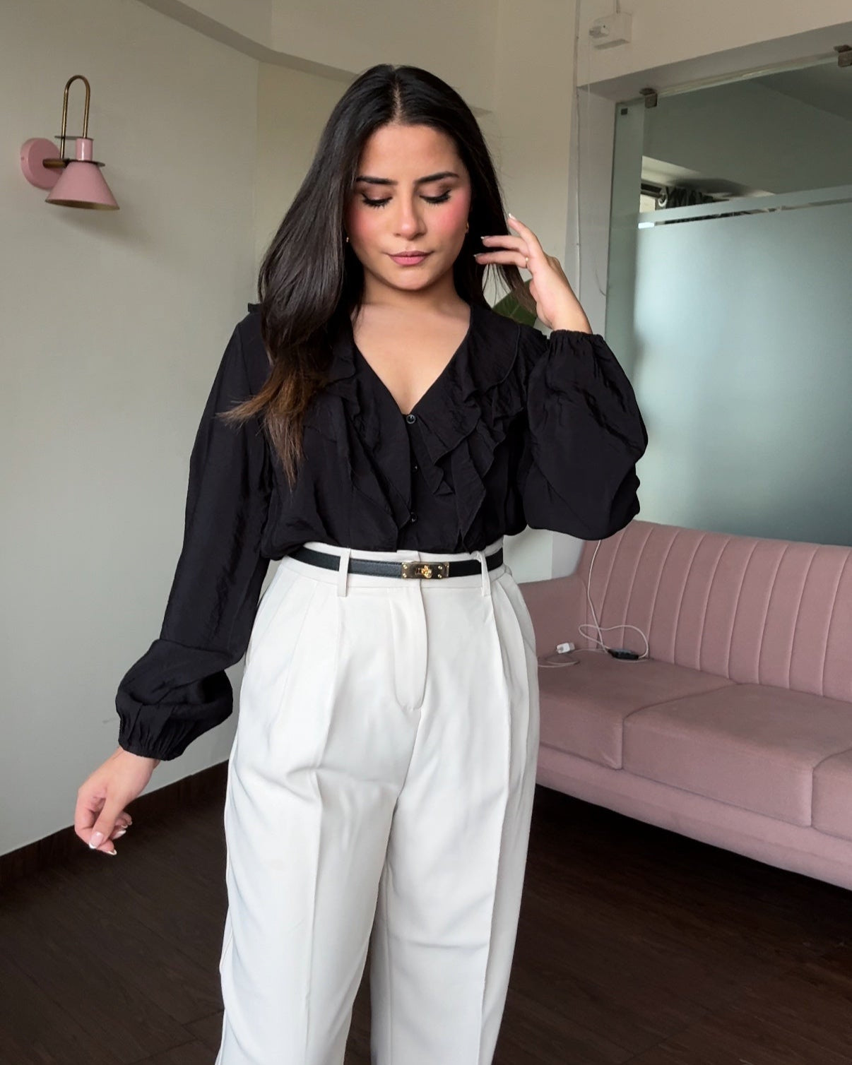 Ruffle Detail V Neck Puff Sleeves Blouse