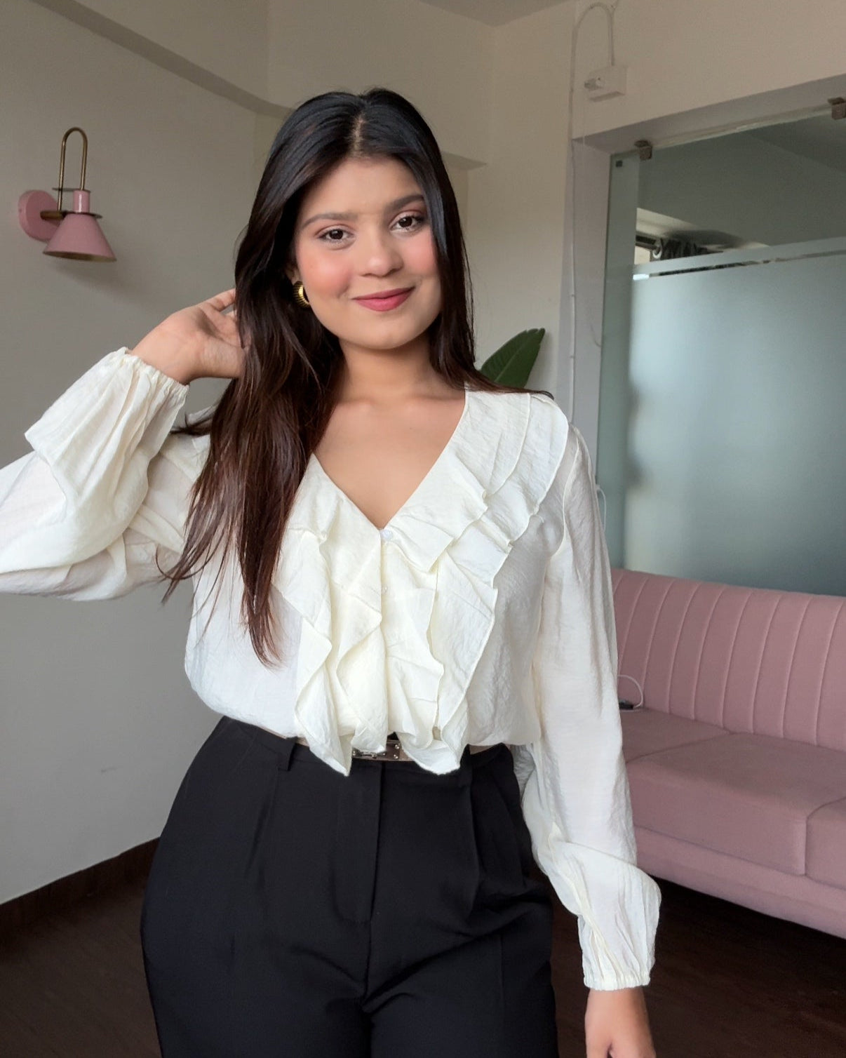 Ruffle Detail V Neck Puff Sleeves Blouse