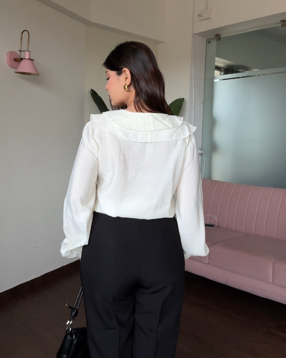 Ruffle Detail V Neck Puff Sleeves Blouse