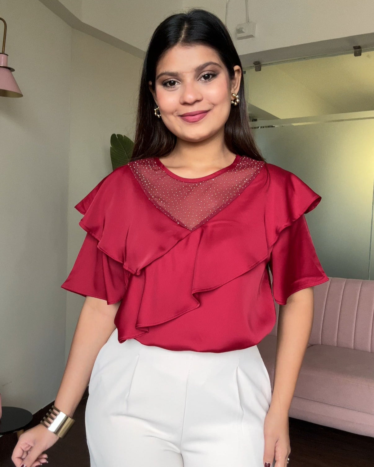 Ruffle Rhinestone Detailing Blouse