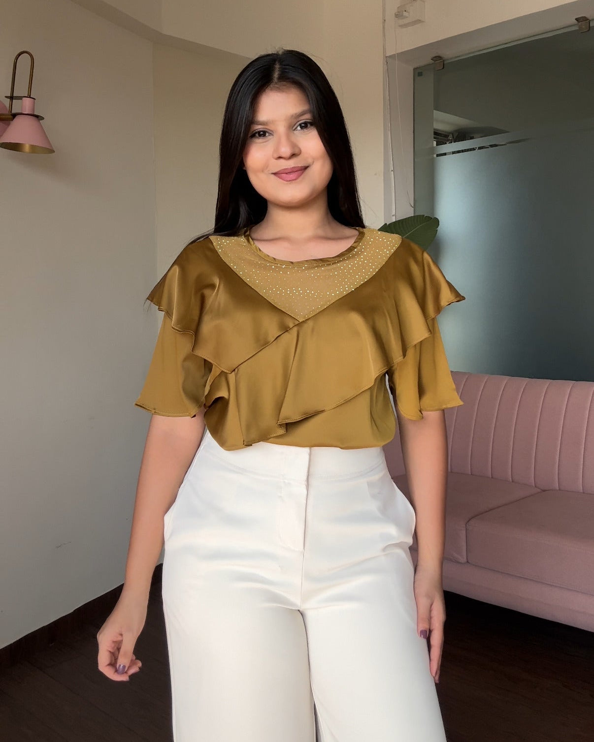 Ruffle Rhinestone Detailing Blouse