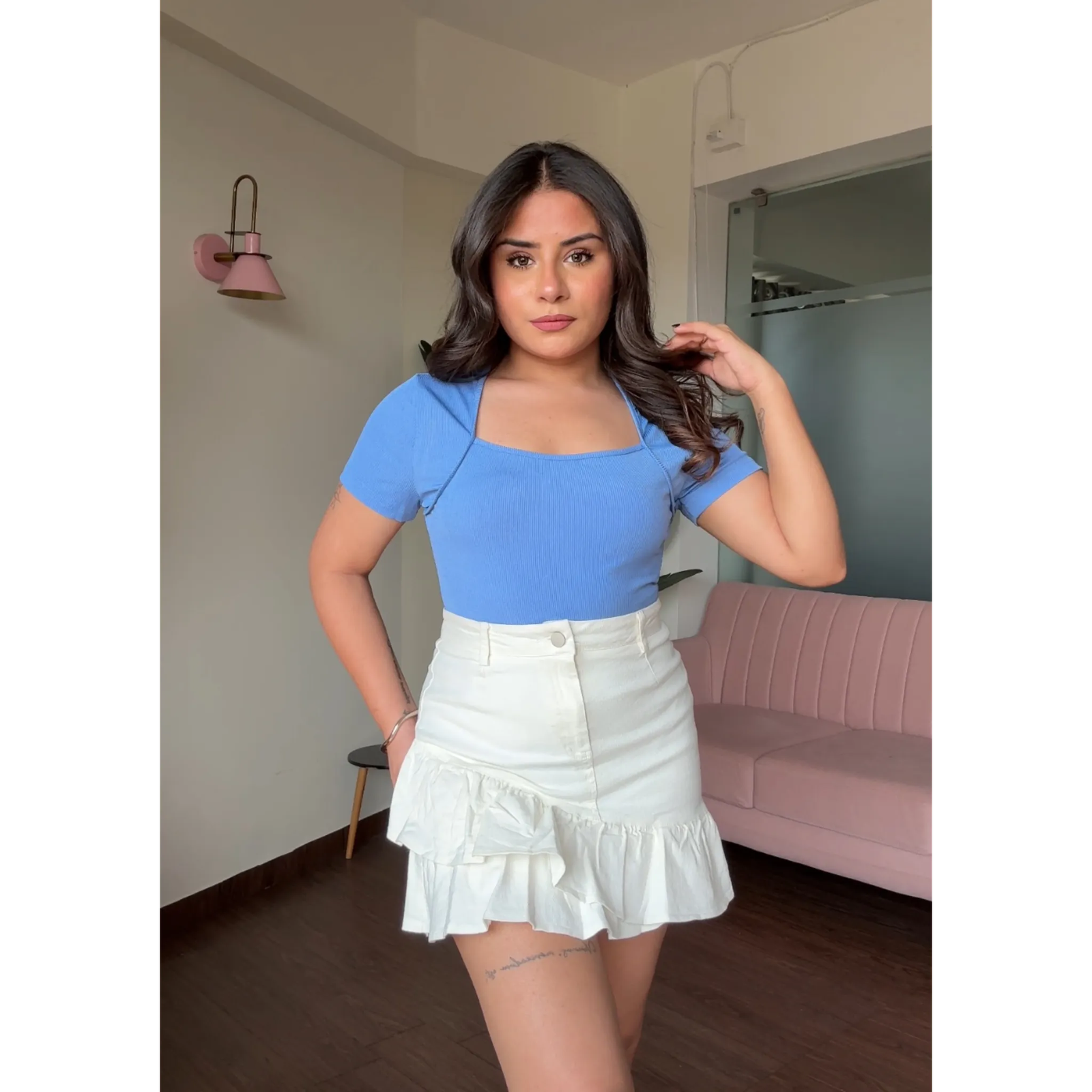 Ruffle Solid Denim Skirt