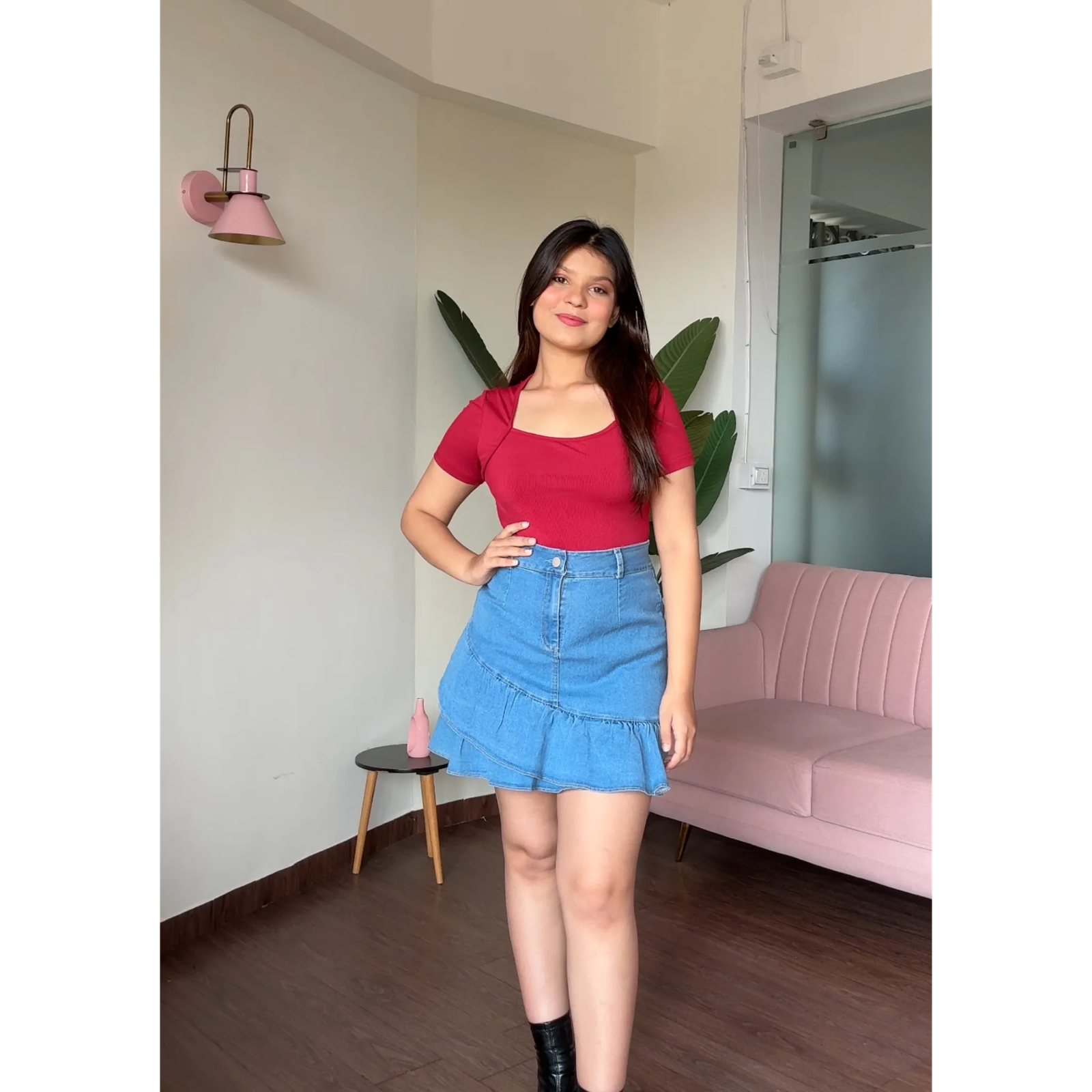 Ruffle Solid Denim Skirt