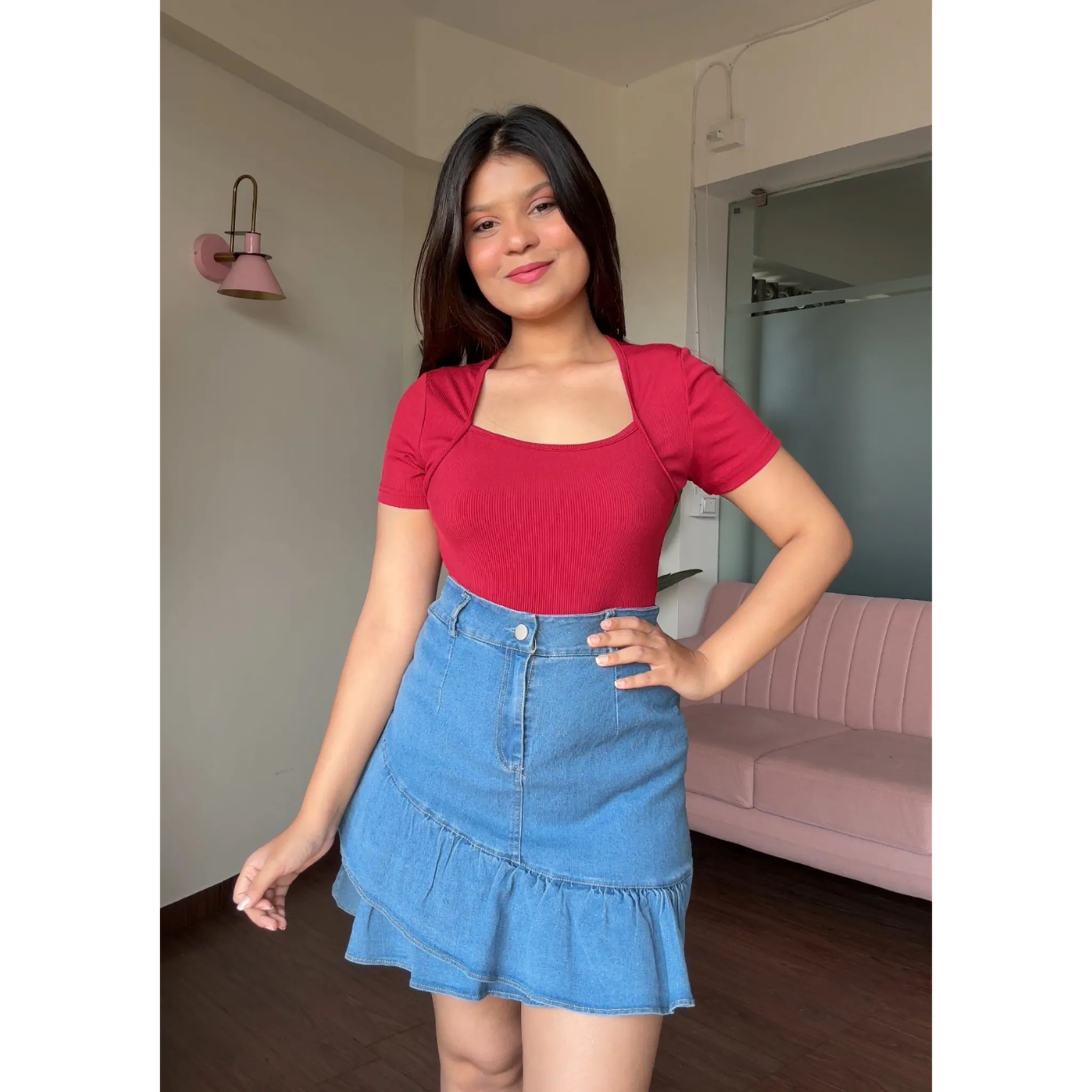 Ruffle Solid Denim Skirt