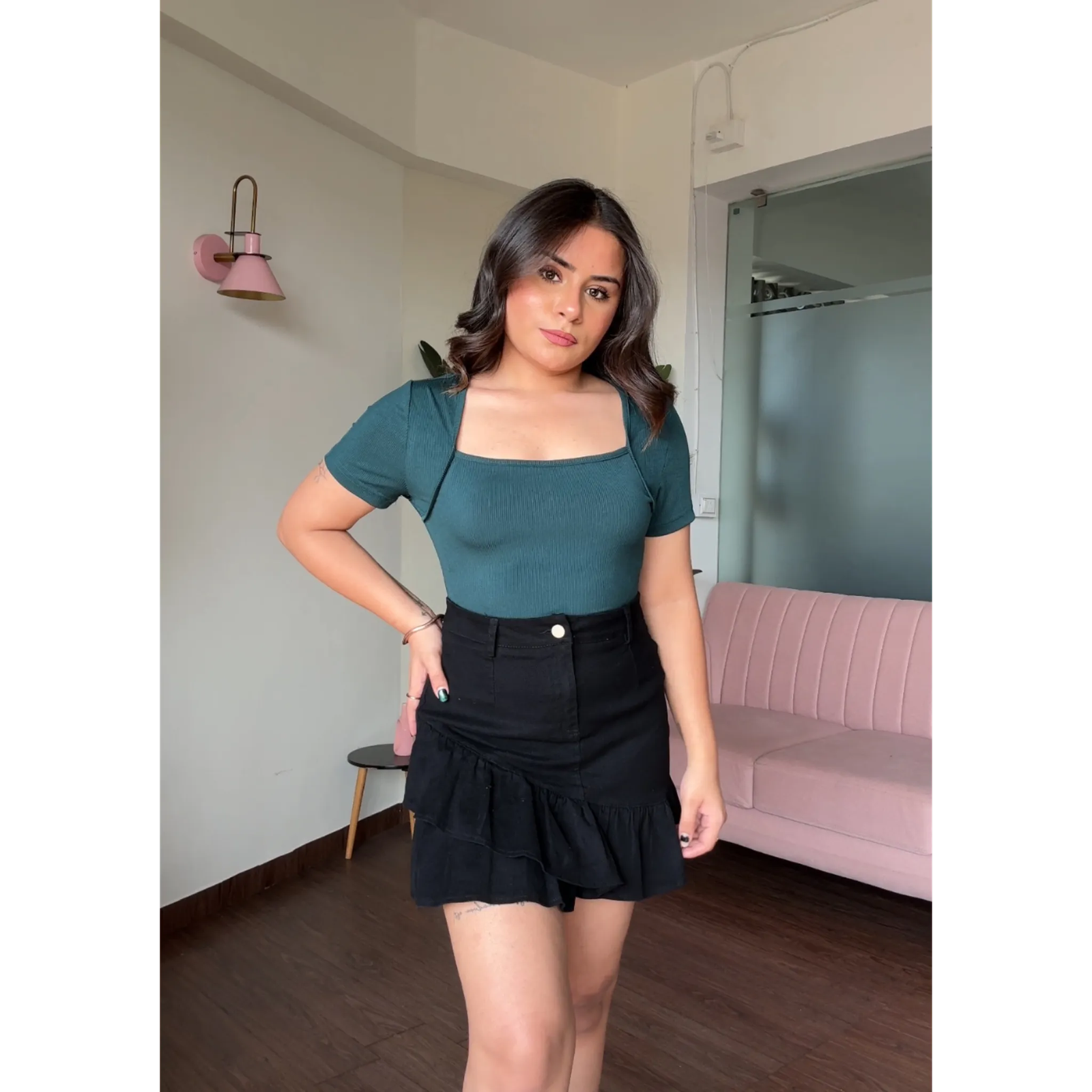 Ruffle Solid Denim Skirt