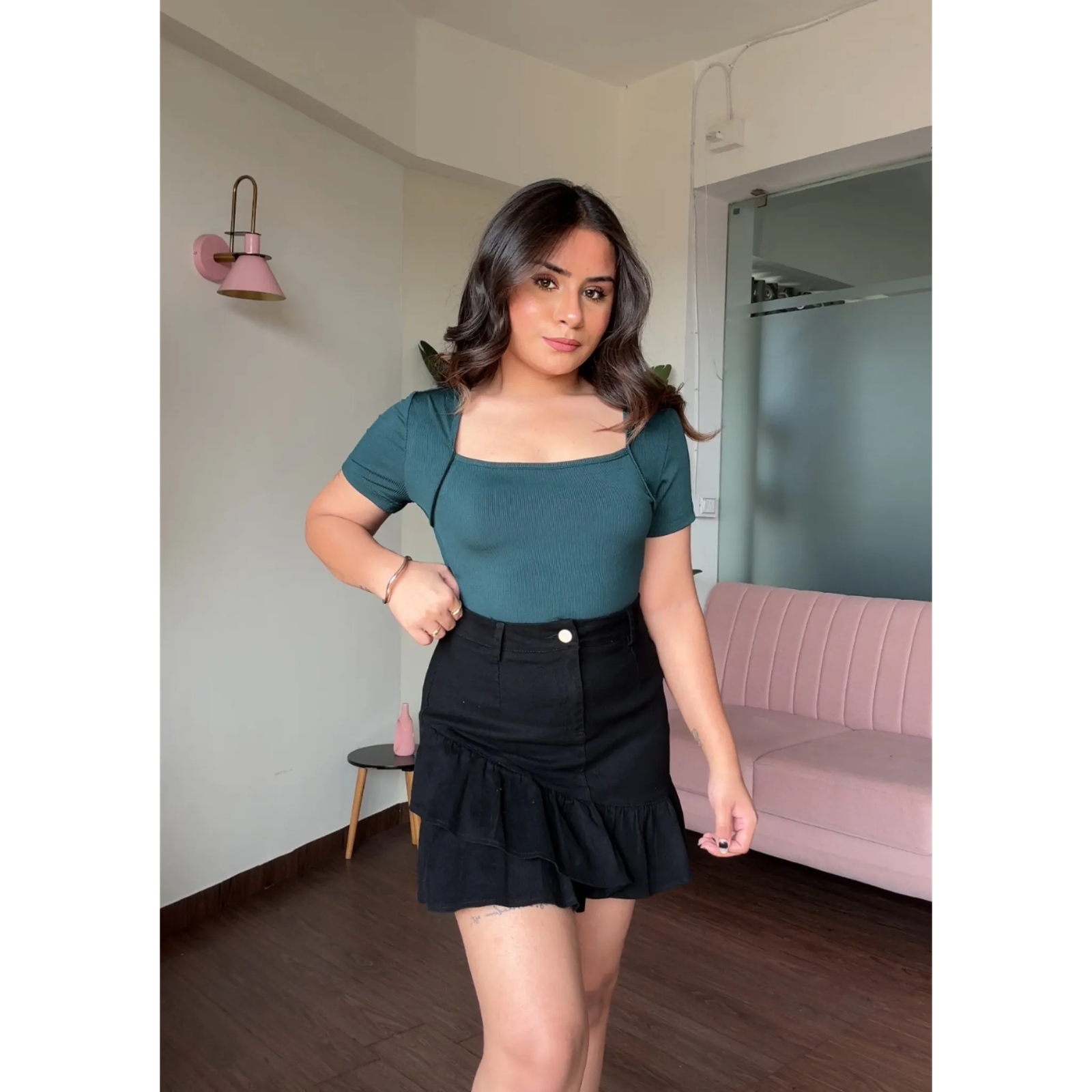 Ruffle Solid Denim Skirt