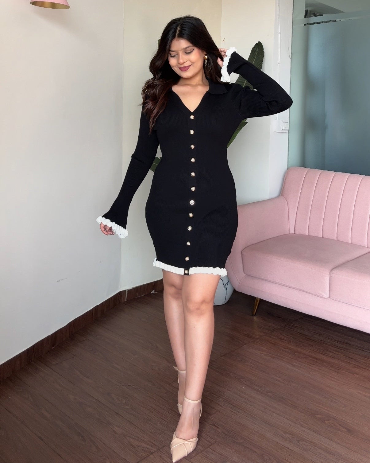 Ruffled Hem Contrast Ribbed Knitted Dress