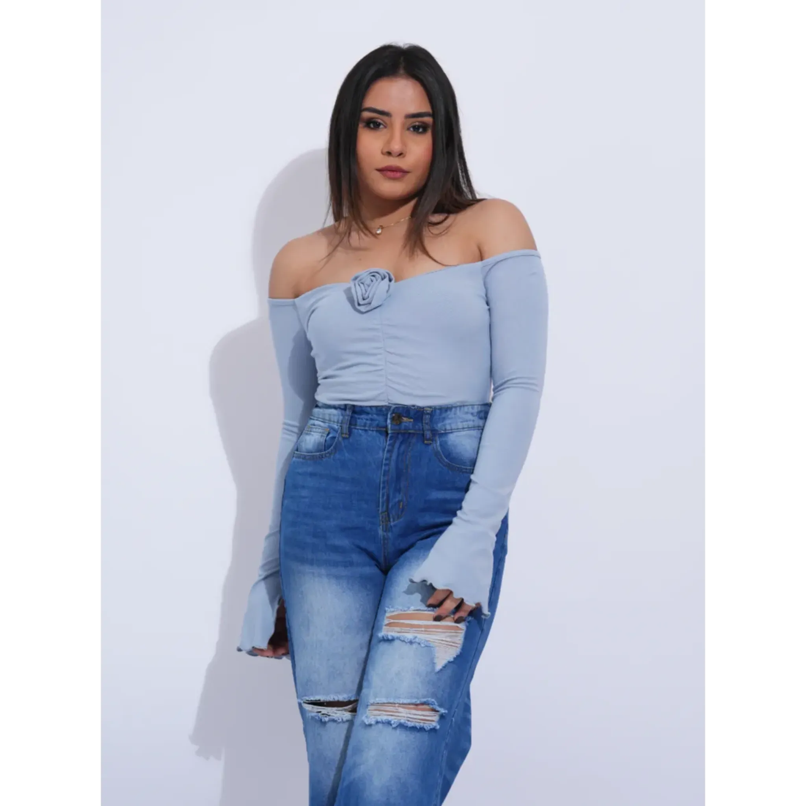 Ruched Rose Detail Off Shoulder Top