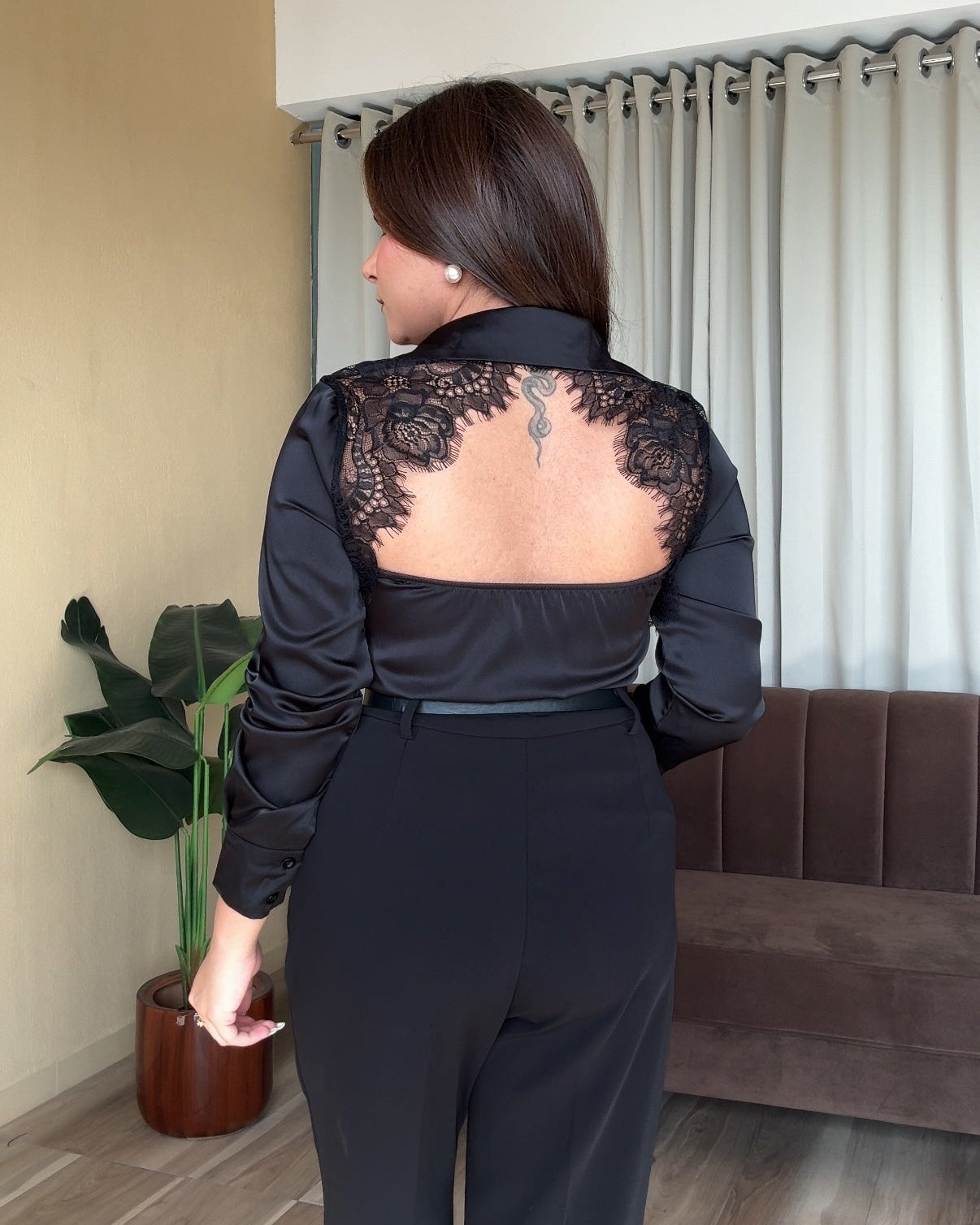 Satin Backless Lacy Shirt