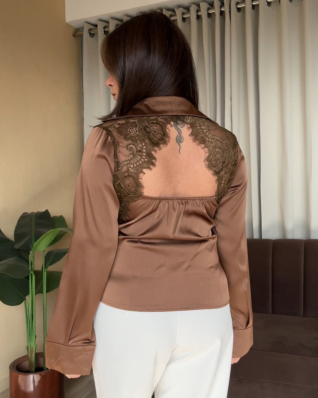 Satin Backless Lacy Shirt