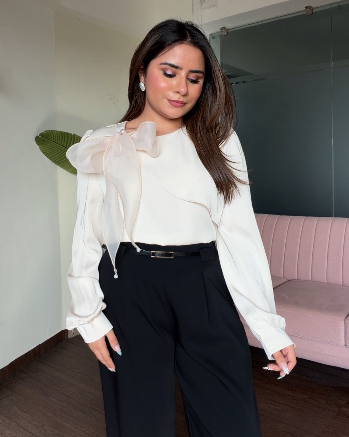 Satin Bow Detailing Pearl Studded Blouse