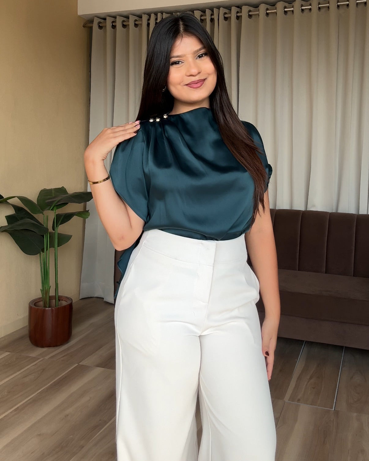 Satin Draped Detailing Top With Ruffle Sleeve