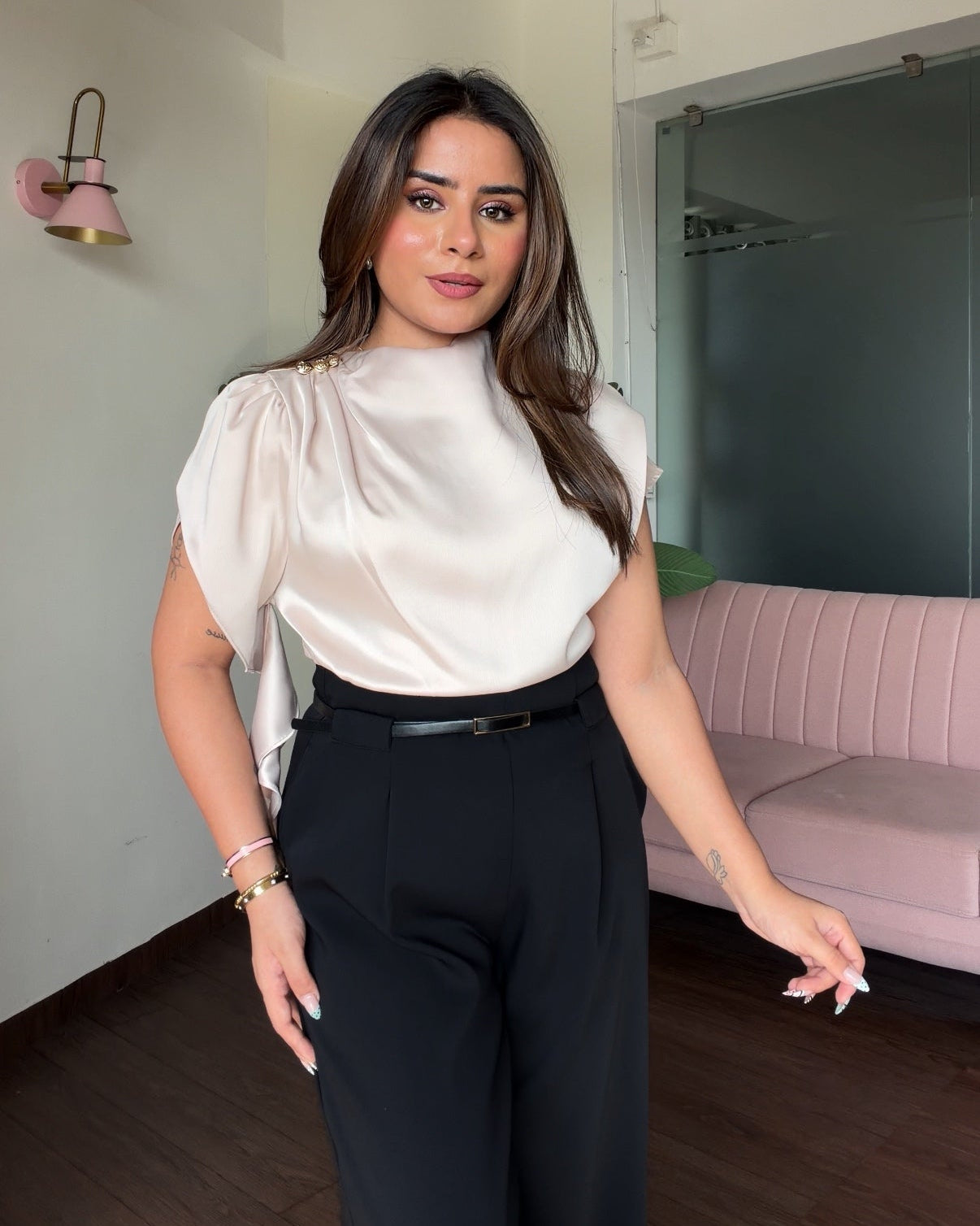 Satin Draped Detailing Top With Ruffle Sleeve
