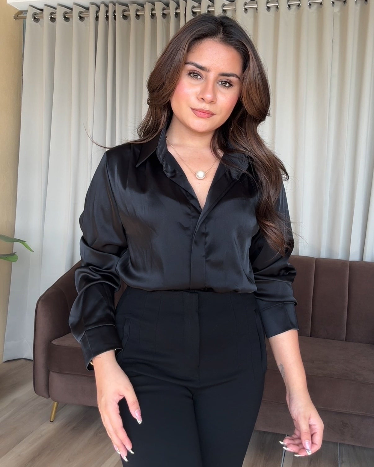 Satin Full Sleeve Shirt With Pearl Necklace