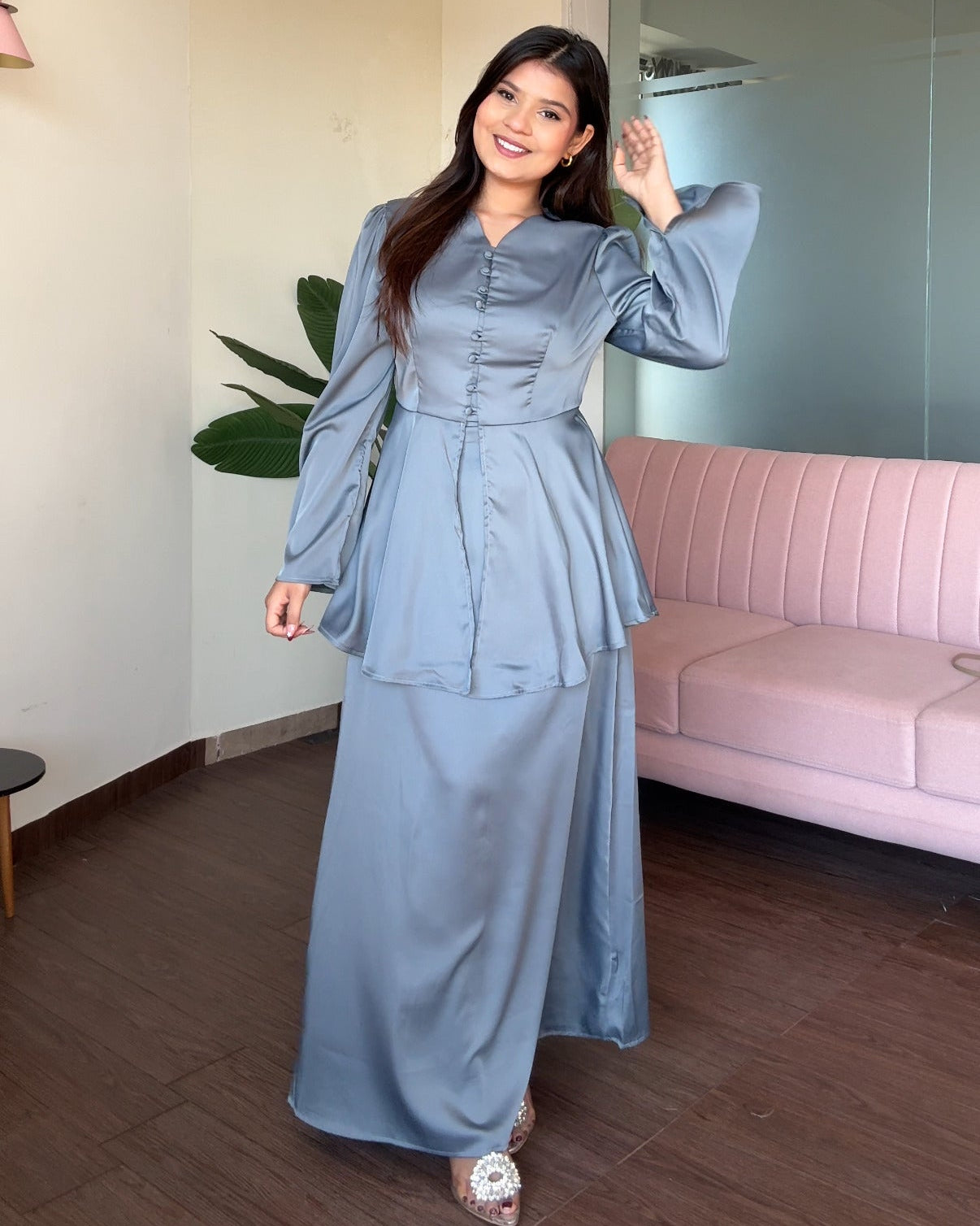 Satin Midi Skirt And Peplum Top Co-ord Set