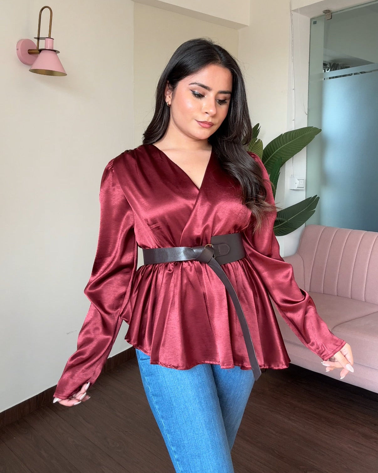 Satin Peplum Top With Belt