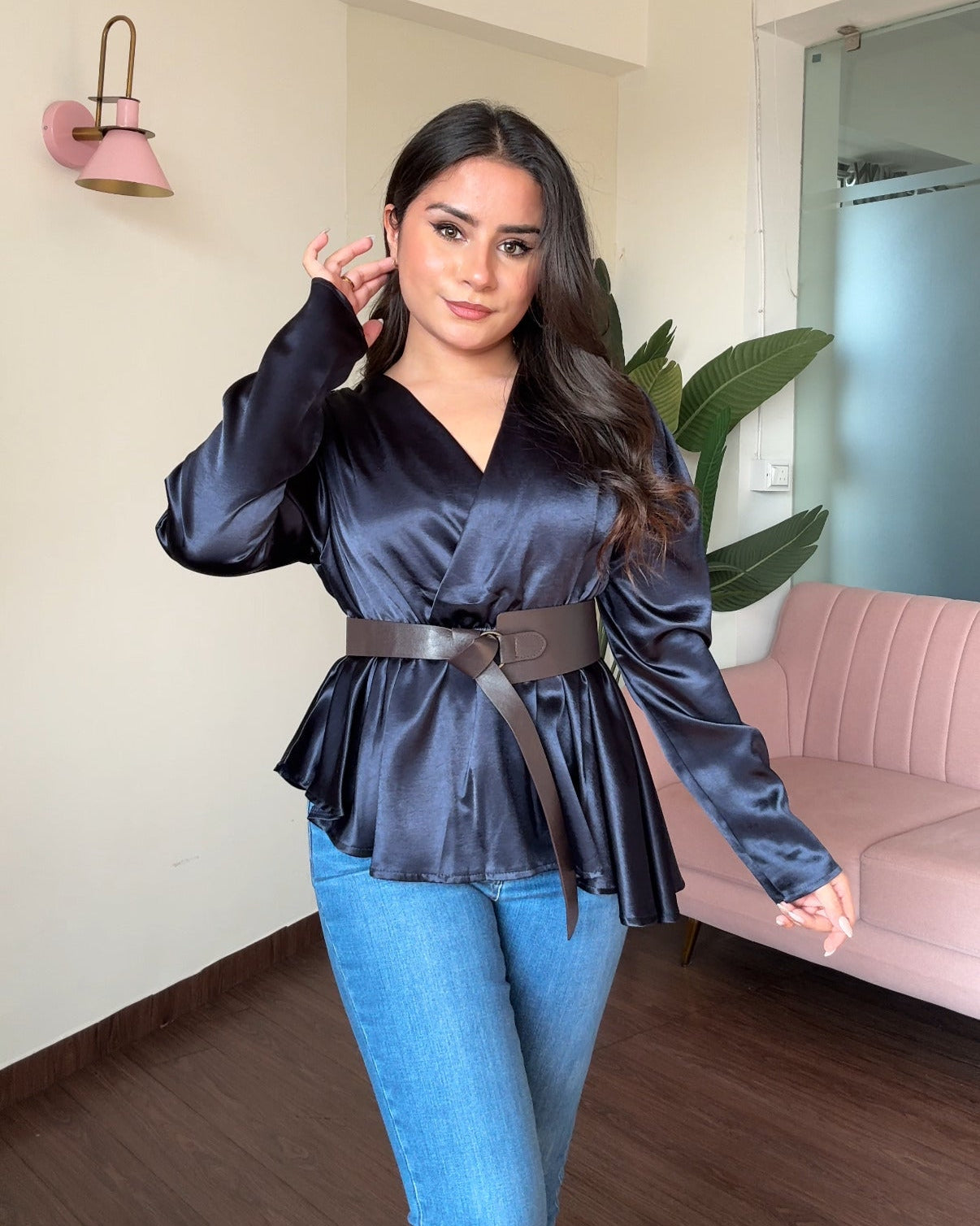 Satin Peplum Top With Belt