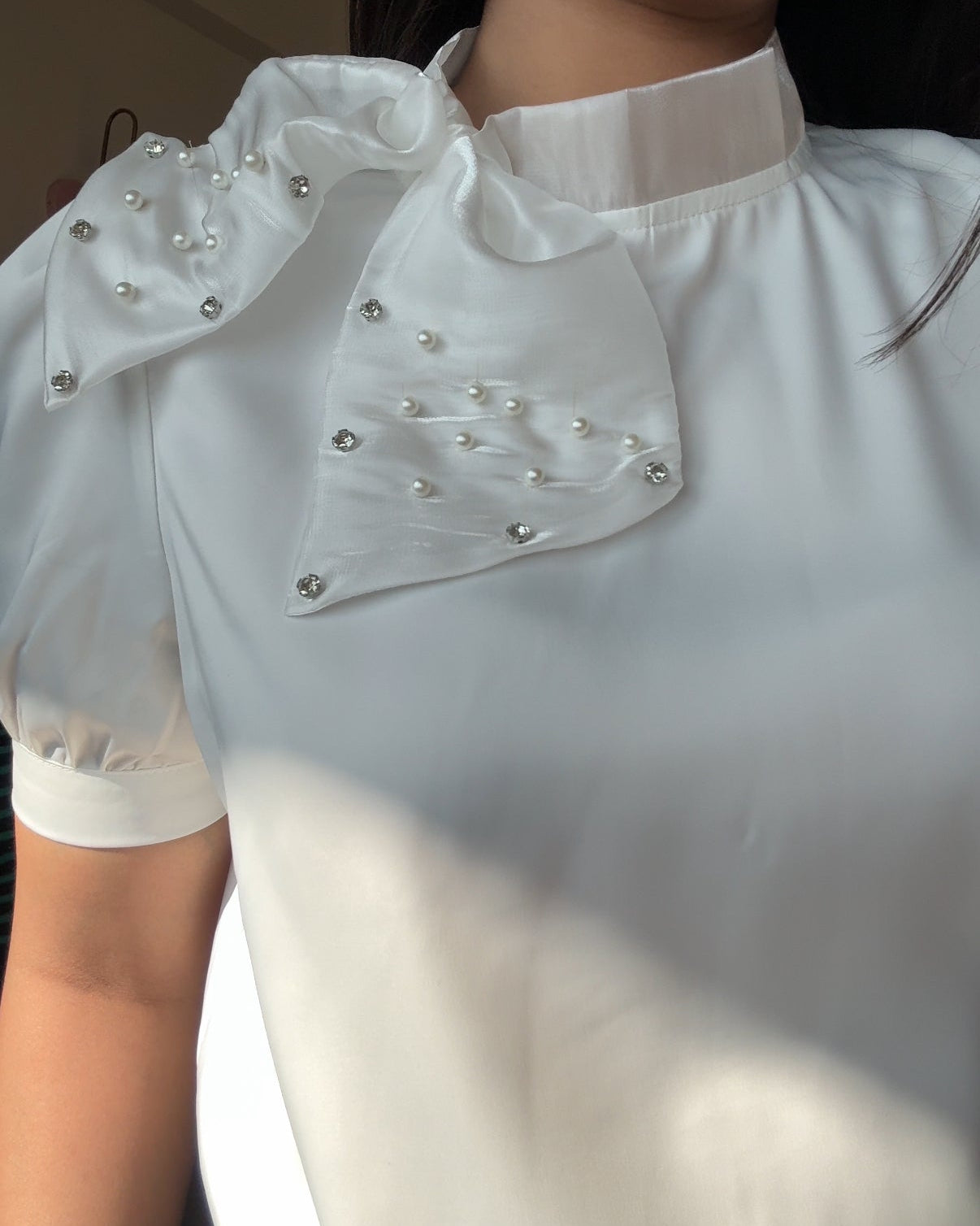 Satin Stone Embellished Bow Blouse