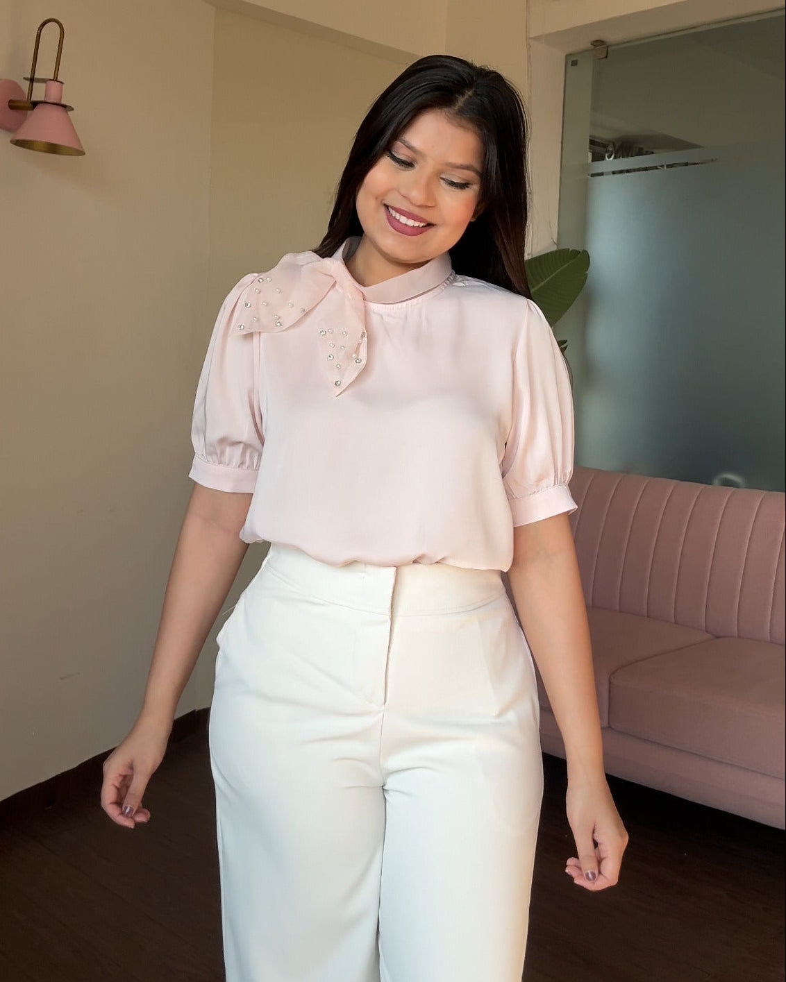 Satin Stone Embellished Bow Blouse