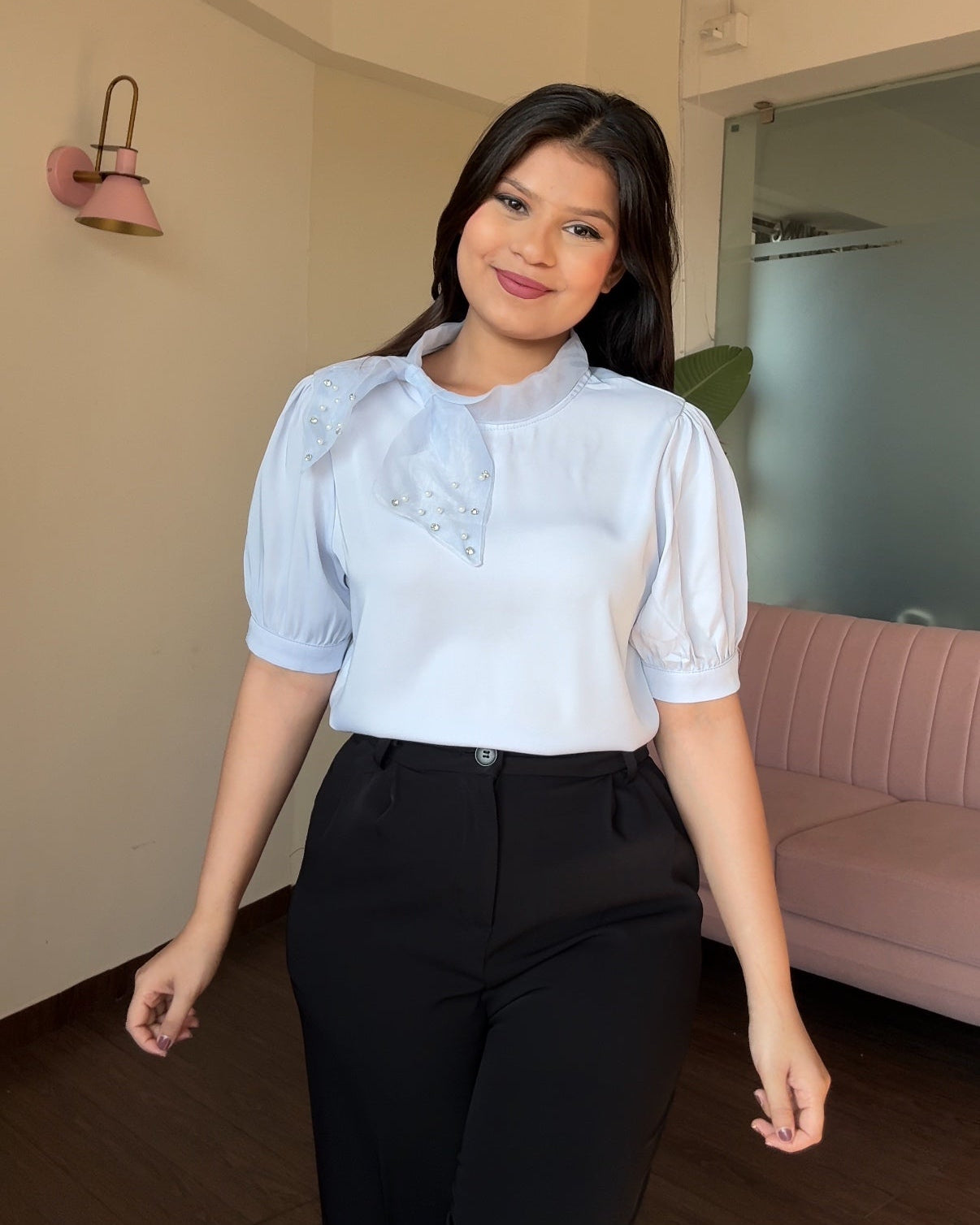 Satin Stone Embellished Bow Blouse