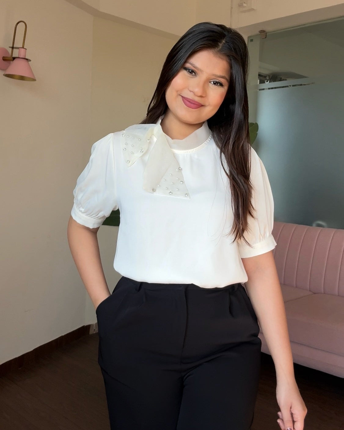 Satin Stone Embellished Bow Blouse