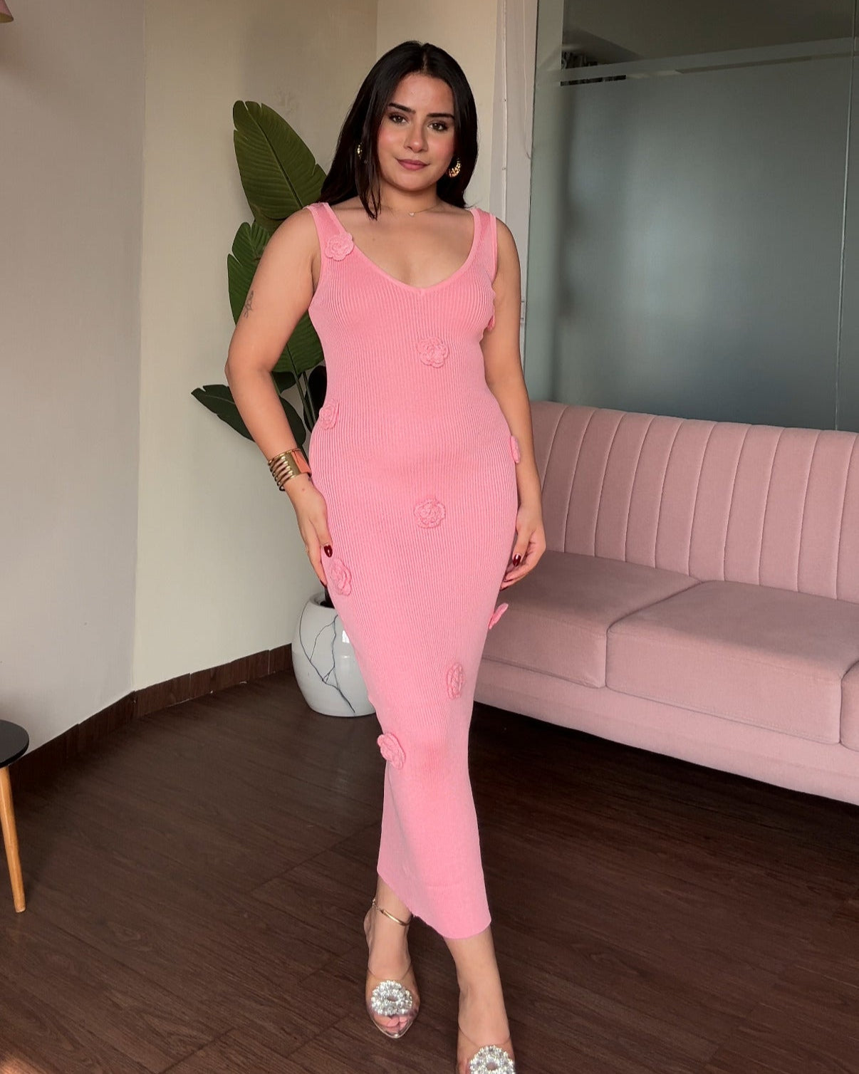 Scattered Rose Bodycon Midi Ribbed Dress