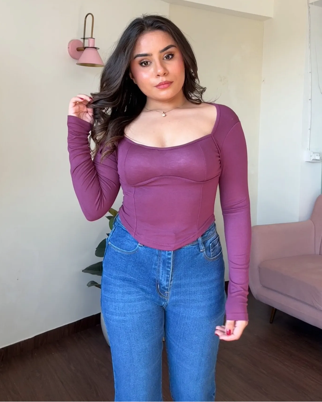 Scoop Hem Padded Full Sleeve Top