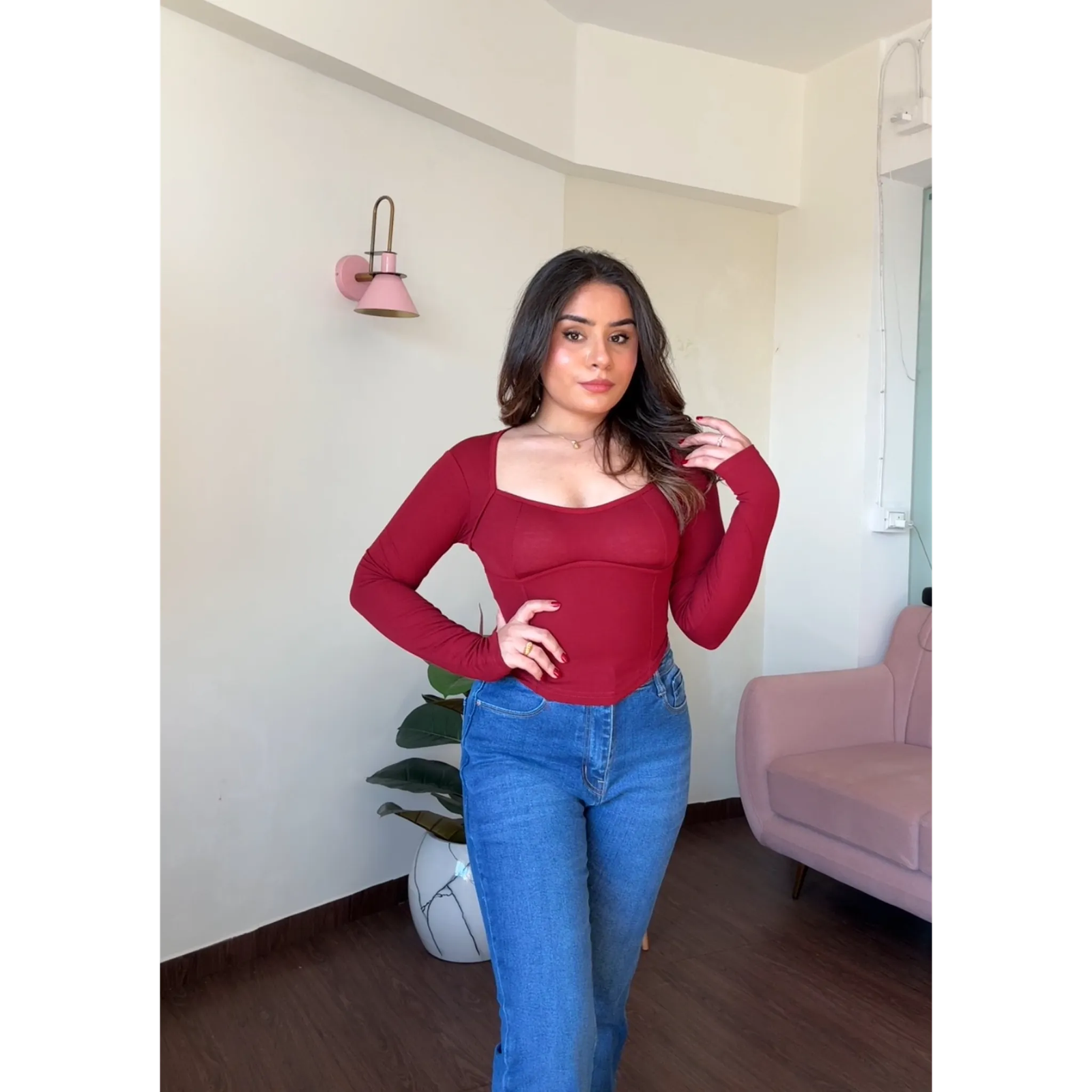 Scoop Hem Padded Full Sleeve Top