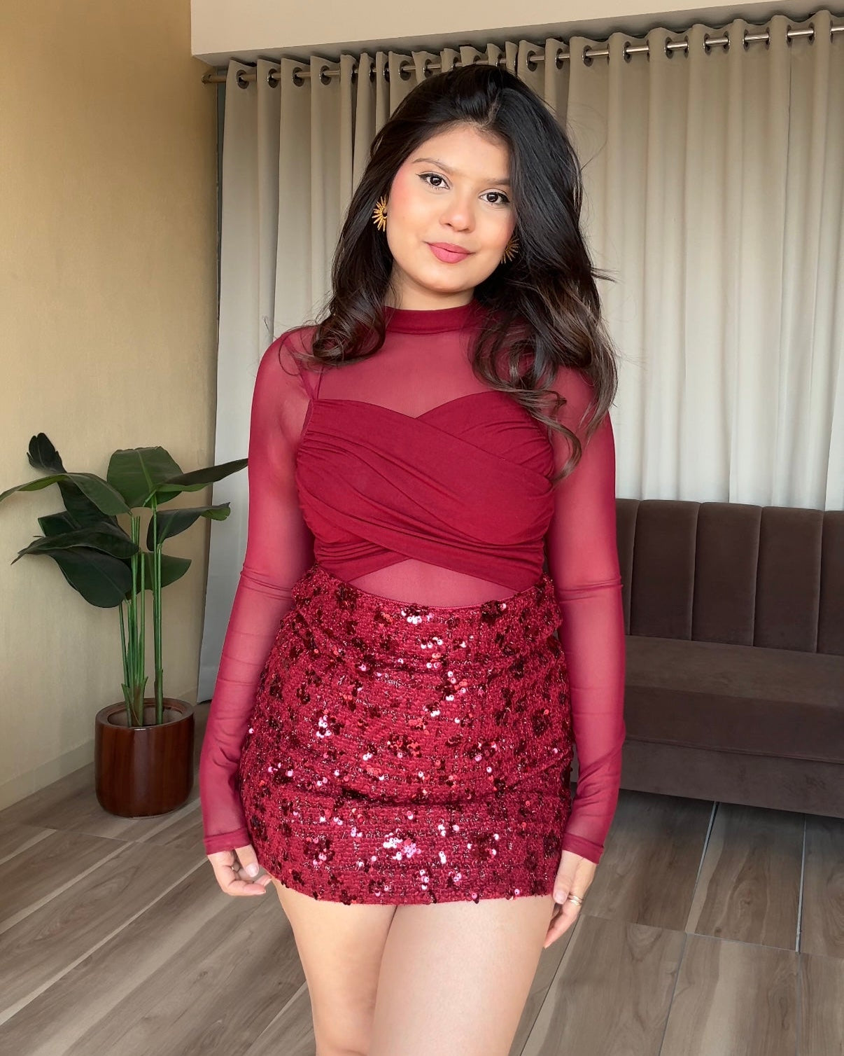 Sequin Mini Skirt & Mesh Crossover Top