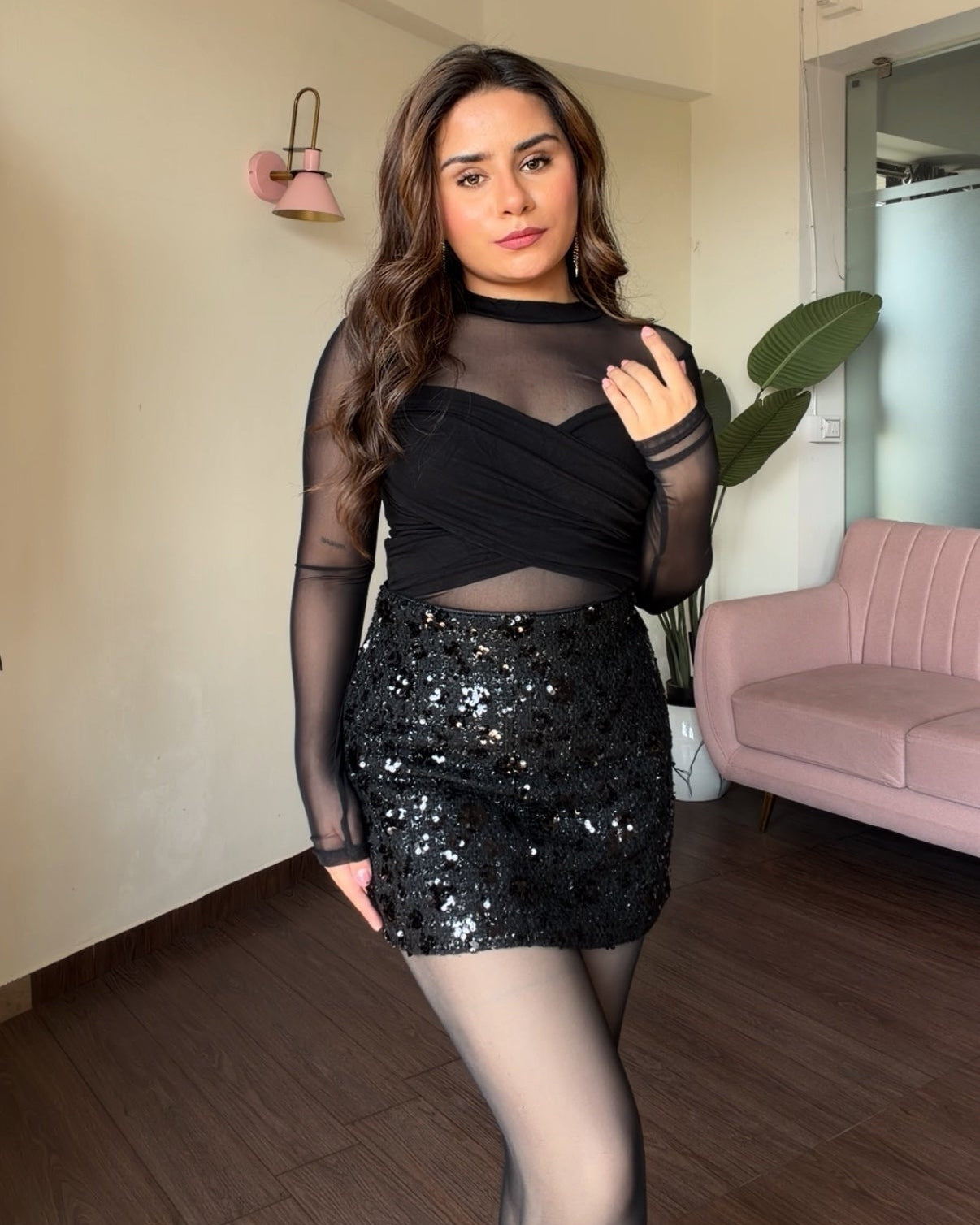 Sequin Mini Skirt & Mesh Crossover Top