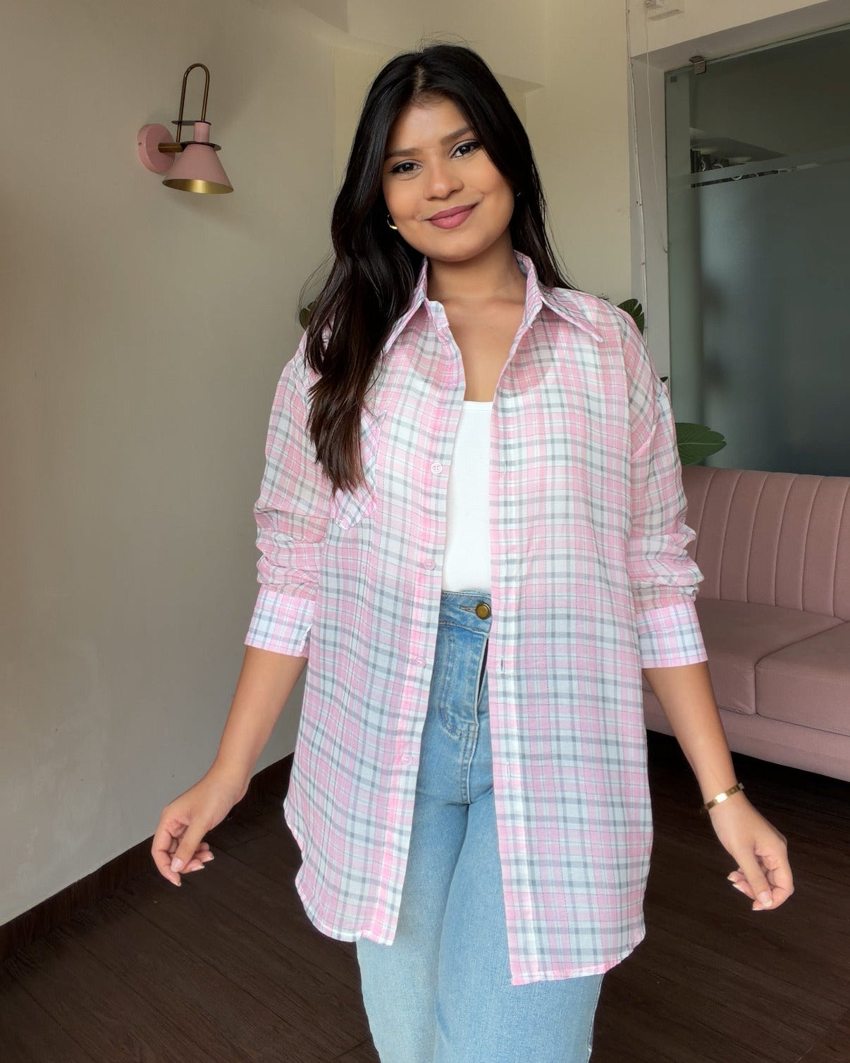 Sheer Checker Shirt With Cami Top