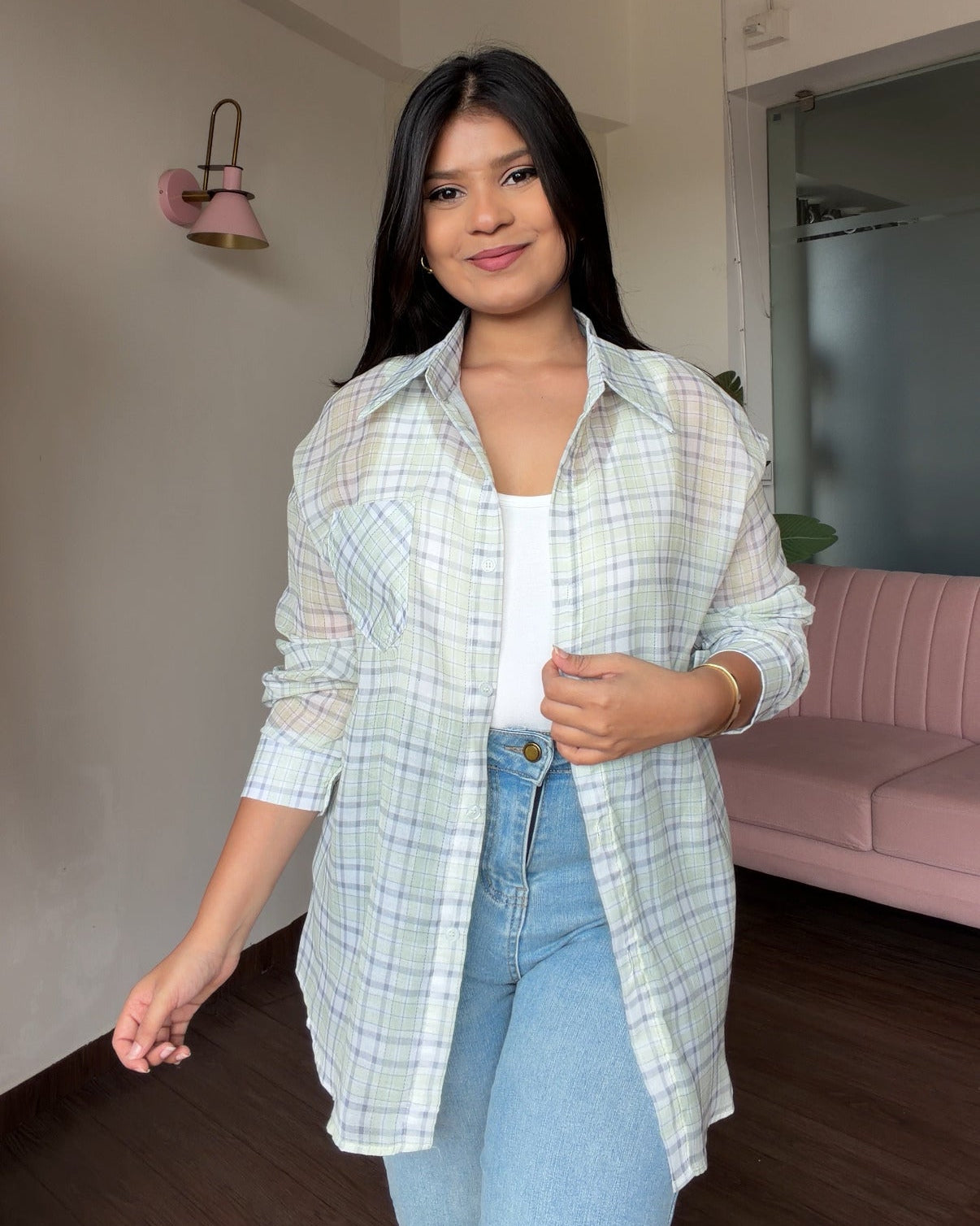Sheer Checker Shirt With Cami Top