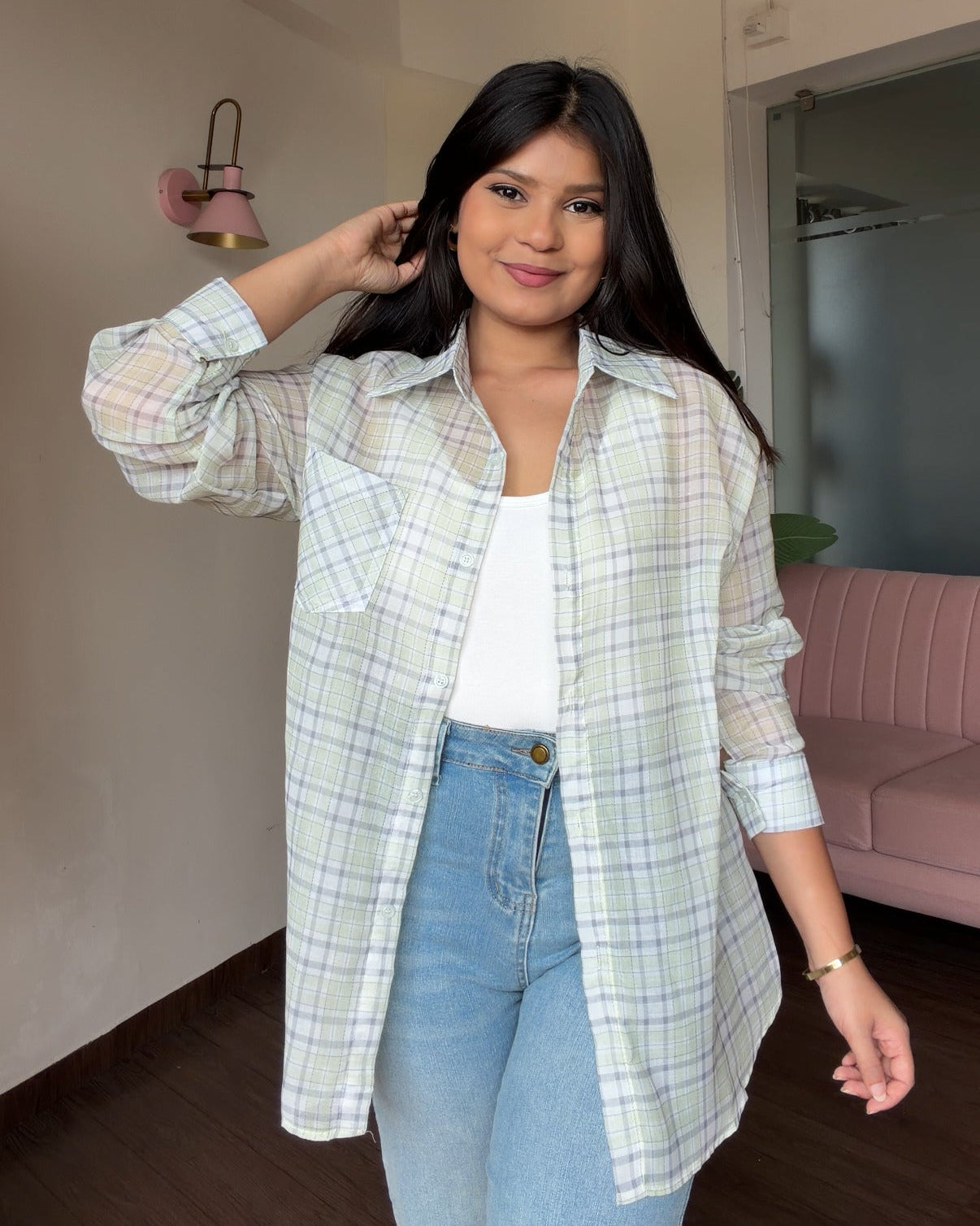 Sheer Checker Shirt With Cami Top